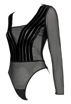 1990s Gianfranco Ferré Sheer Black Velvet Accented Bodysuit Top