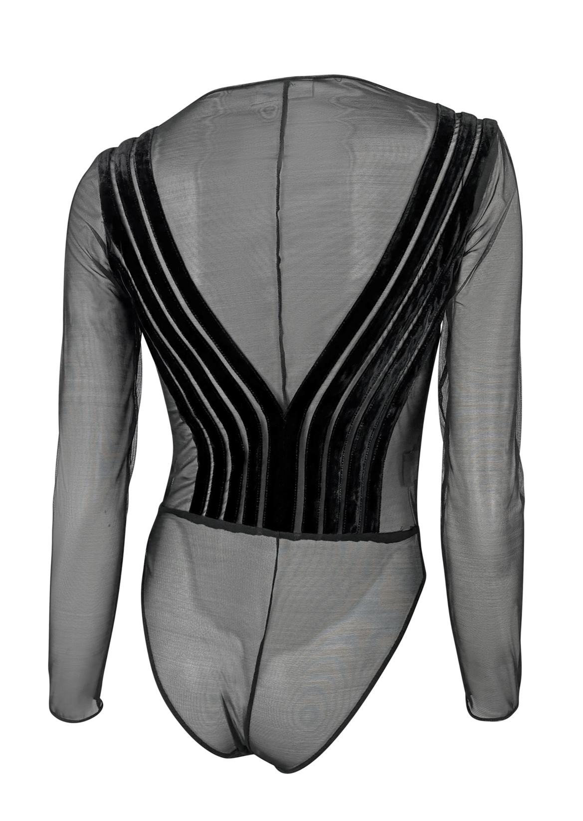 Women's 1990s Gianfranco Ferré Sheer Black Velvet Accented Bodysuit Top For Sale
