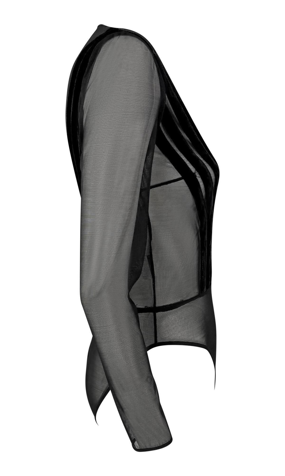 1990s Gianfranco Ferré Sheer Black Velvet Accented Bodysuit Top For Sale 1