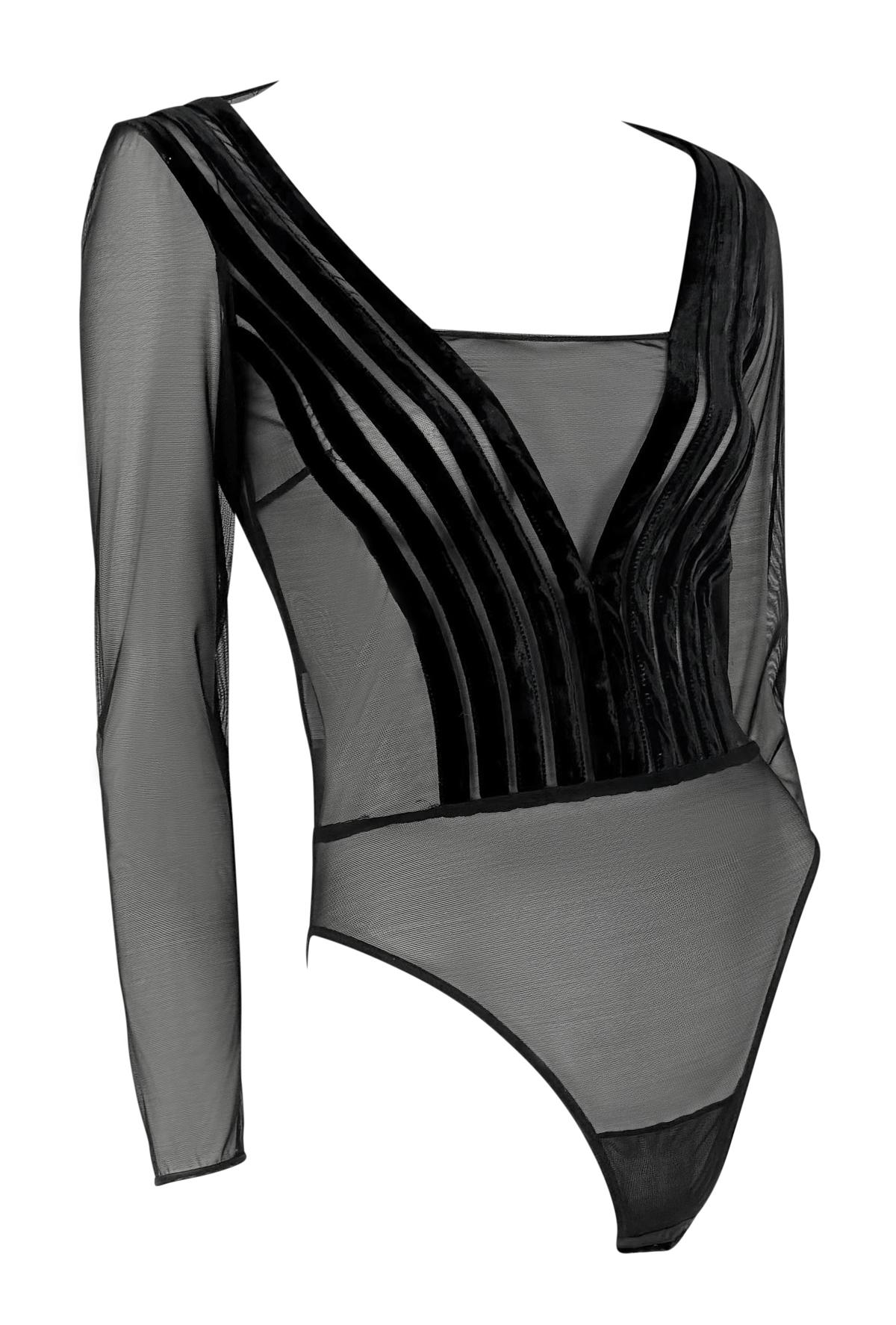1990s Gianfranco Ferré Sheer Black Velvet Accented Bodysuit Top For Sale 2