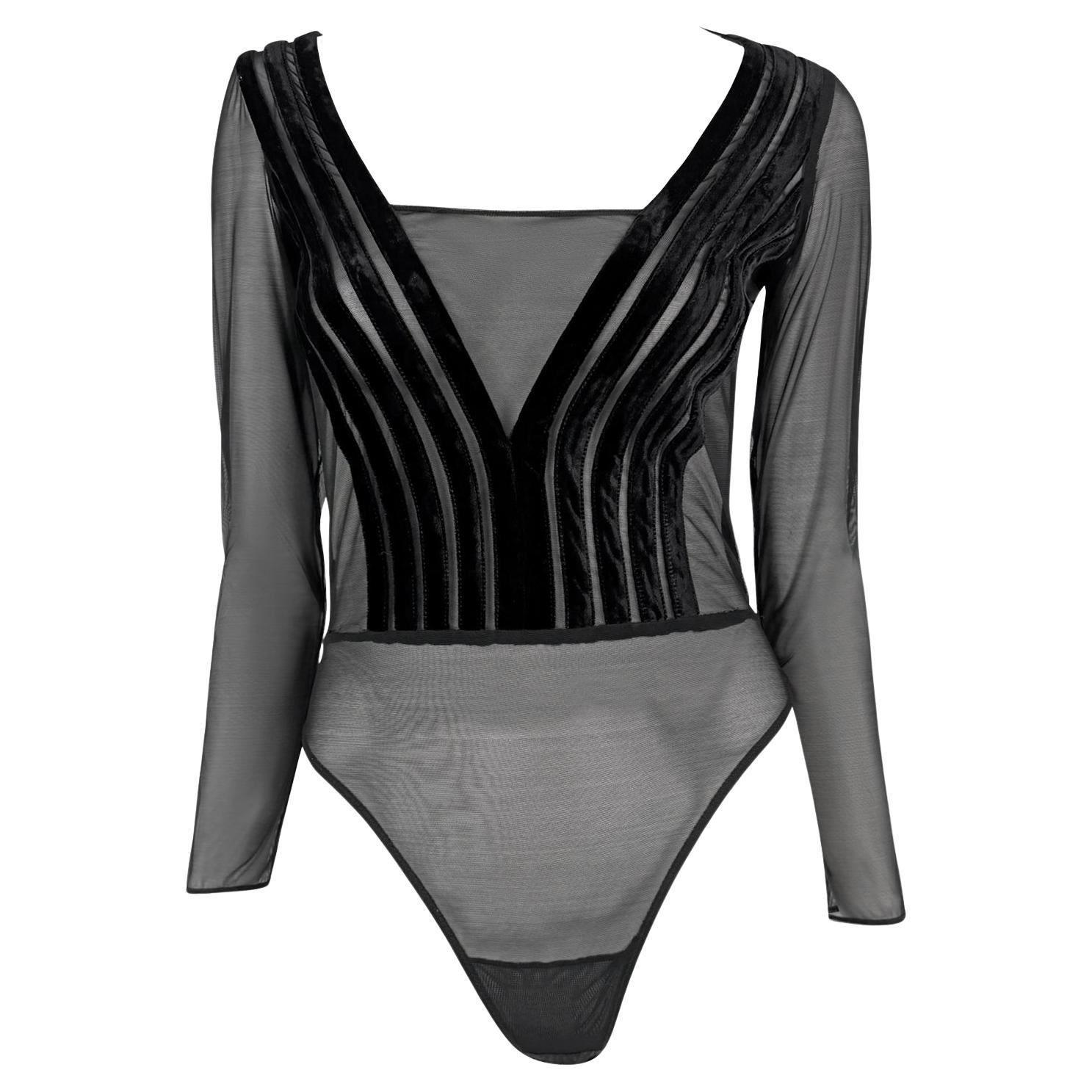 1990s Gianfranco Ferré Sheer Black Velvet Accented Bodysuit Top For Sale