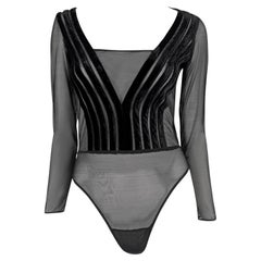1990s Gianfranco Ferré Sheer Black Velvet Accented Bodysuit Top
