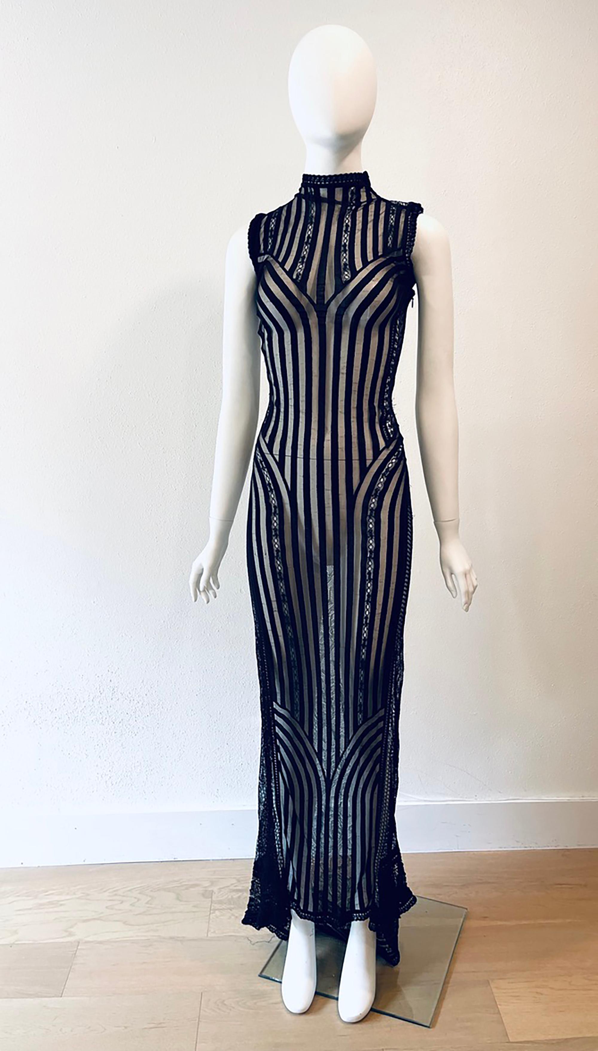 1990s Gianfranco Ferre Sheer Gown 
Lace trim, long hem
Zipper on side and neck
Size XS, US 2, IT38
Condition: Good, some all over wear