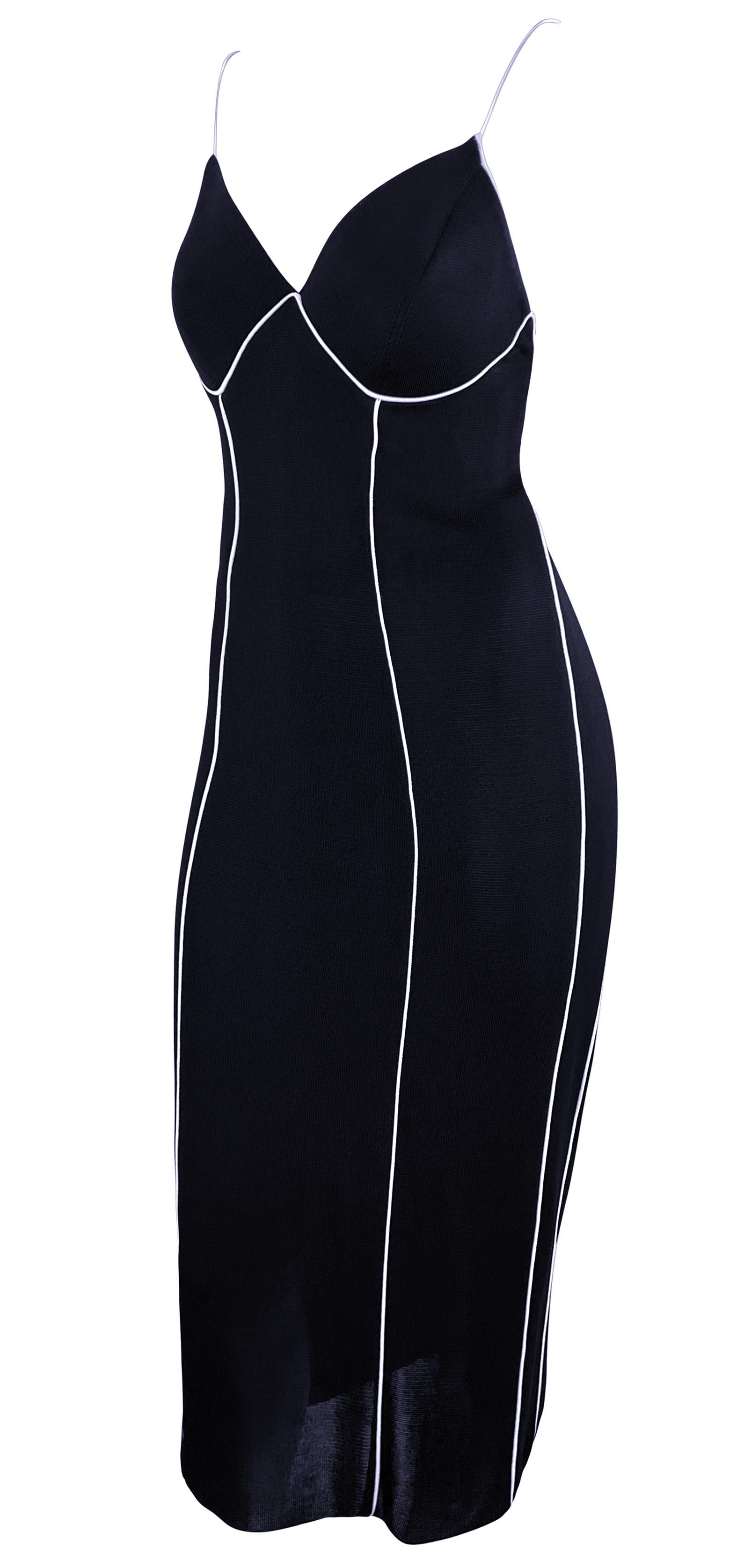 Black 1990s Gianfranco Ferré Sheer Knit Navy Blue White Trim Backless Bodycon Dress For Sale