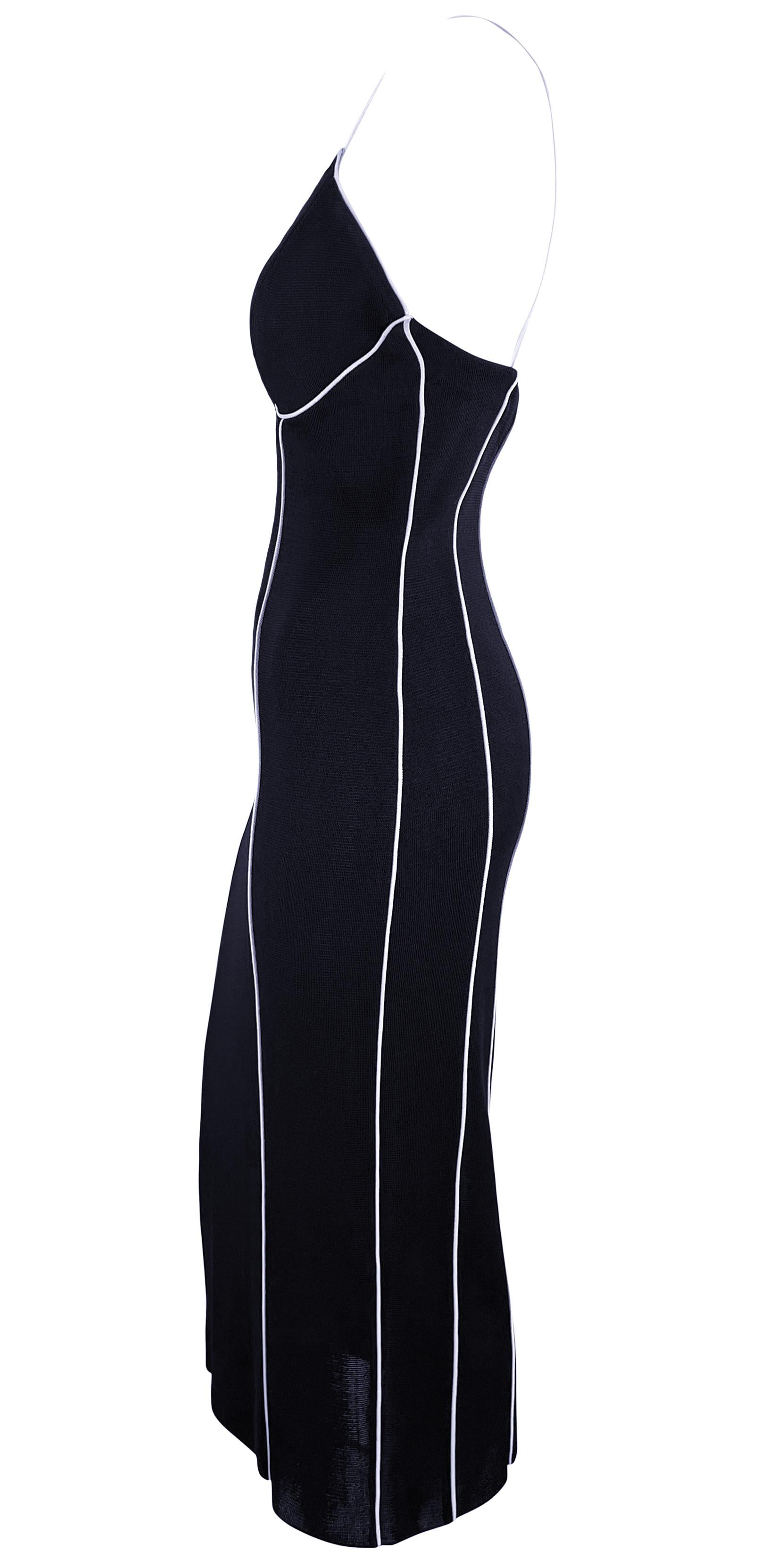 1990s Gianfranco Ferré Sheer Knit Navy Blue White Trim Backless Bodycon Dress In Excellent Condition For Sale In West Hollywood, CA