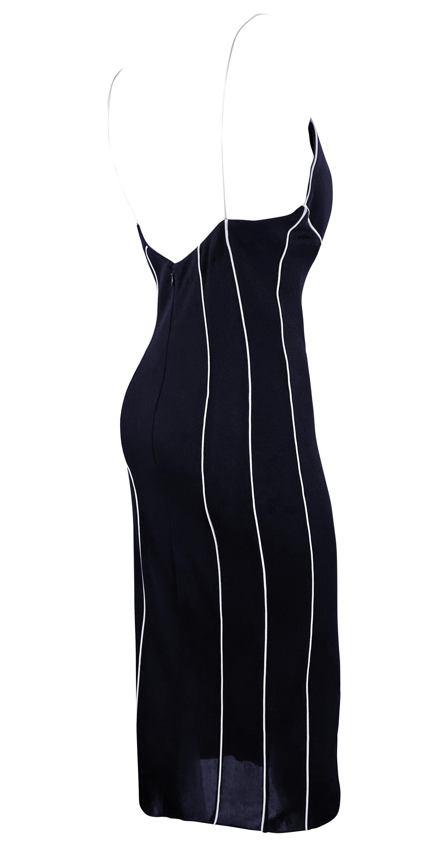 1990s Gianfranco Ferré Sheer Knit Navy Blue White Trim Backless Bodycon Dress For Sale 1