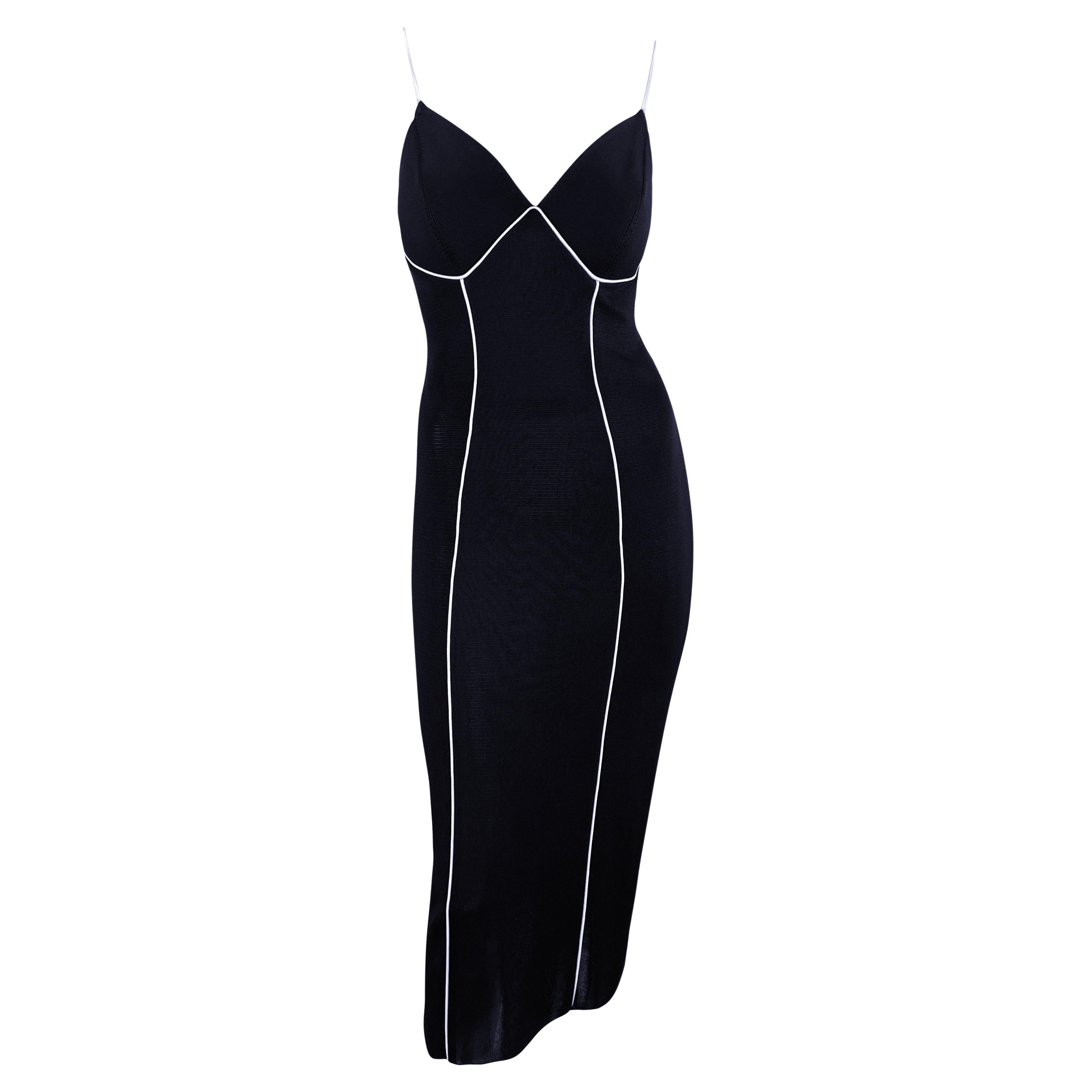 1990s Gianfranco Ferré Sheer Knit Navy Blue White Trim Backless Bodycon Dress For Sale