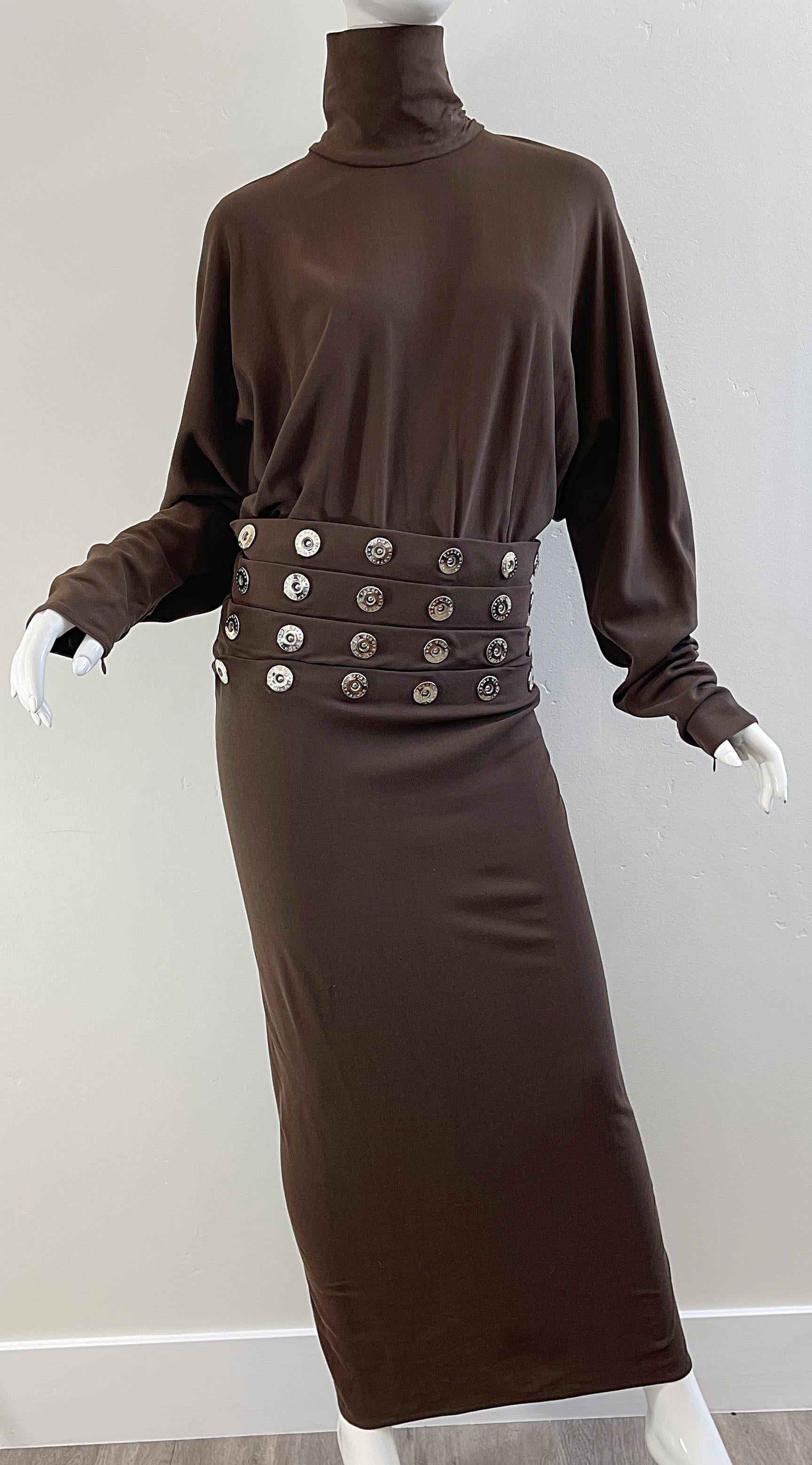 1990s Gianfranco Ferre Size 44 / 8 Brown Drop Waist Grommet Turtleneck 90s Gown For Sale 6