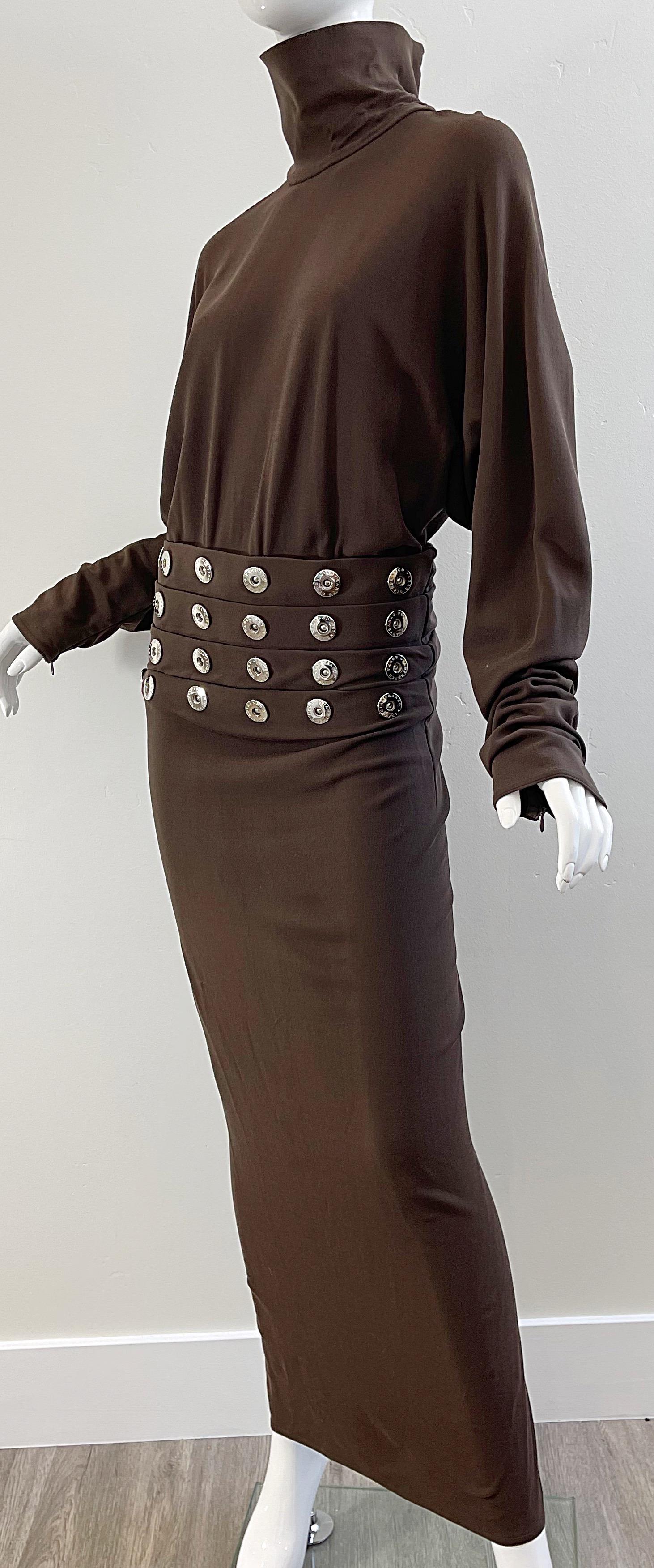 1990s Gianfranco Ferre Size 44 / 8 Brown Drop Waist Grommet Turtleneck 90s Gown For Sale 7