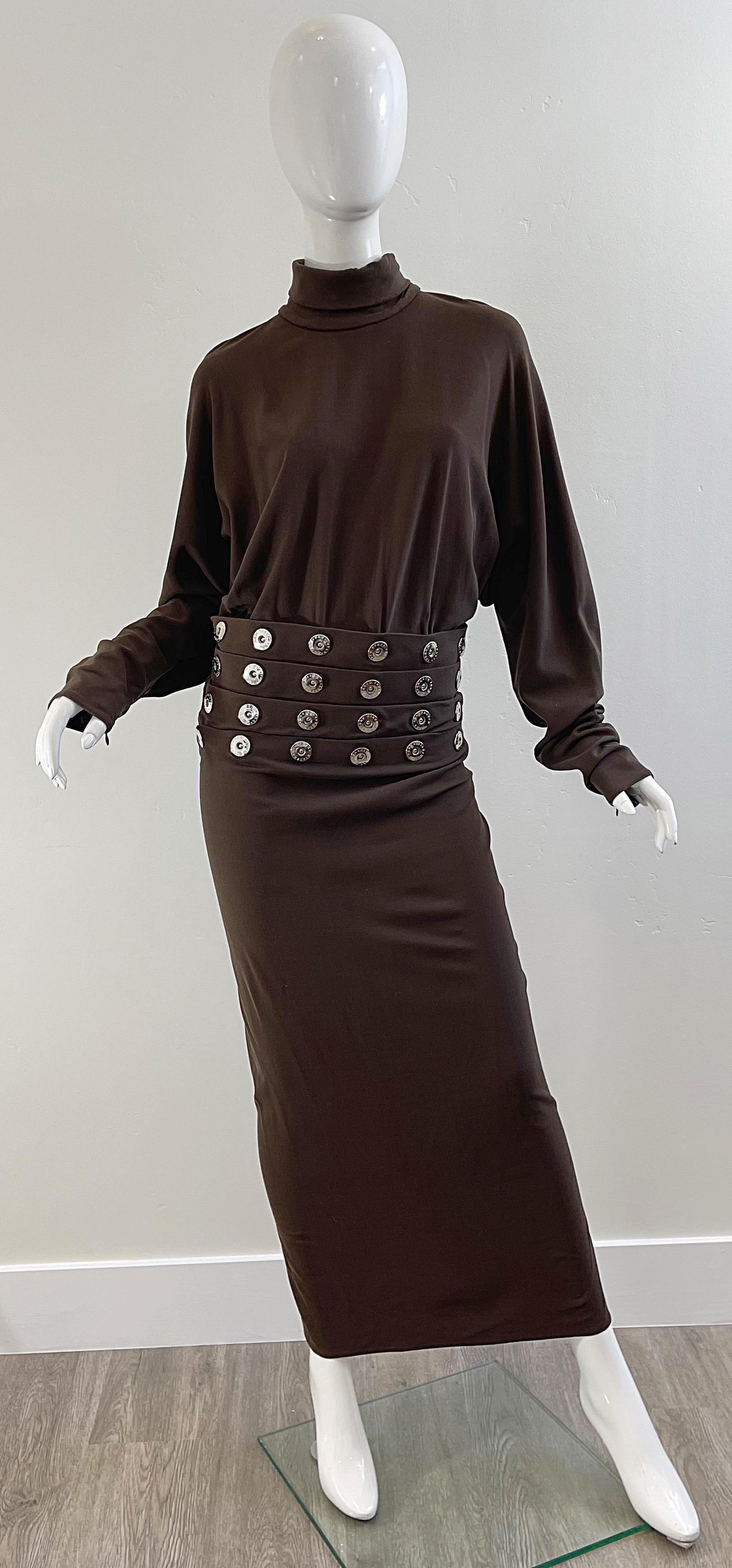 1990s Gianfranco Ferre Size 44 / 8 Brown Drop Waist Grommet Turtleneck 90s Gown For Sale 9
