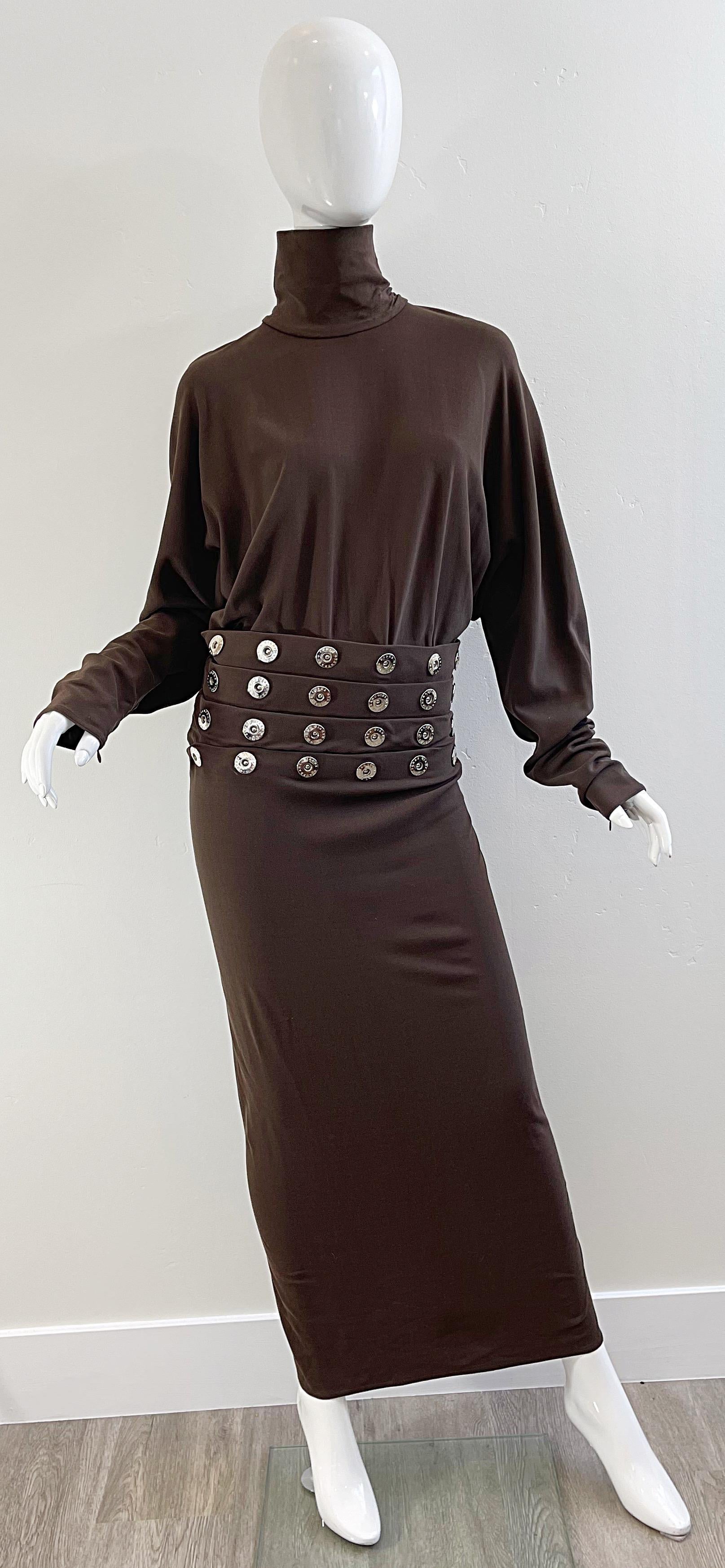 1990s Gianfranco Ferre Size 44 / 8 Brown Drop Waist Grommet Turtleneck 90s Gown For Sale 11