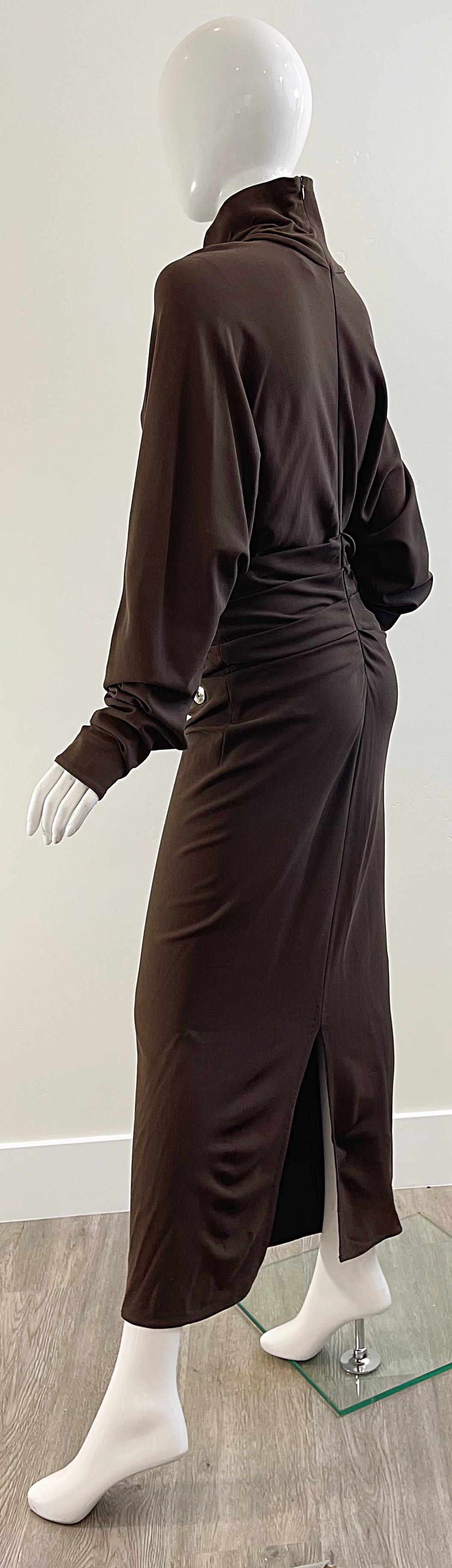 Women's 1990s Gianfranco Ferre Size 44 / 8 Brown Drop Waist Grommet Turtleneck 90s Gown For Sale