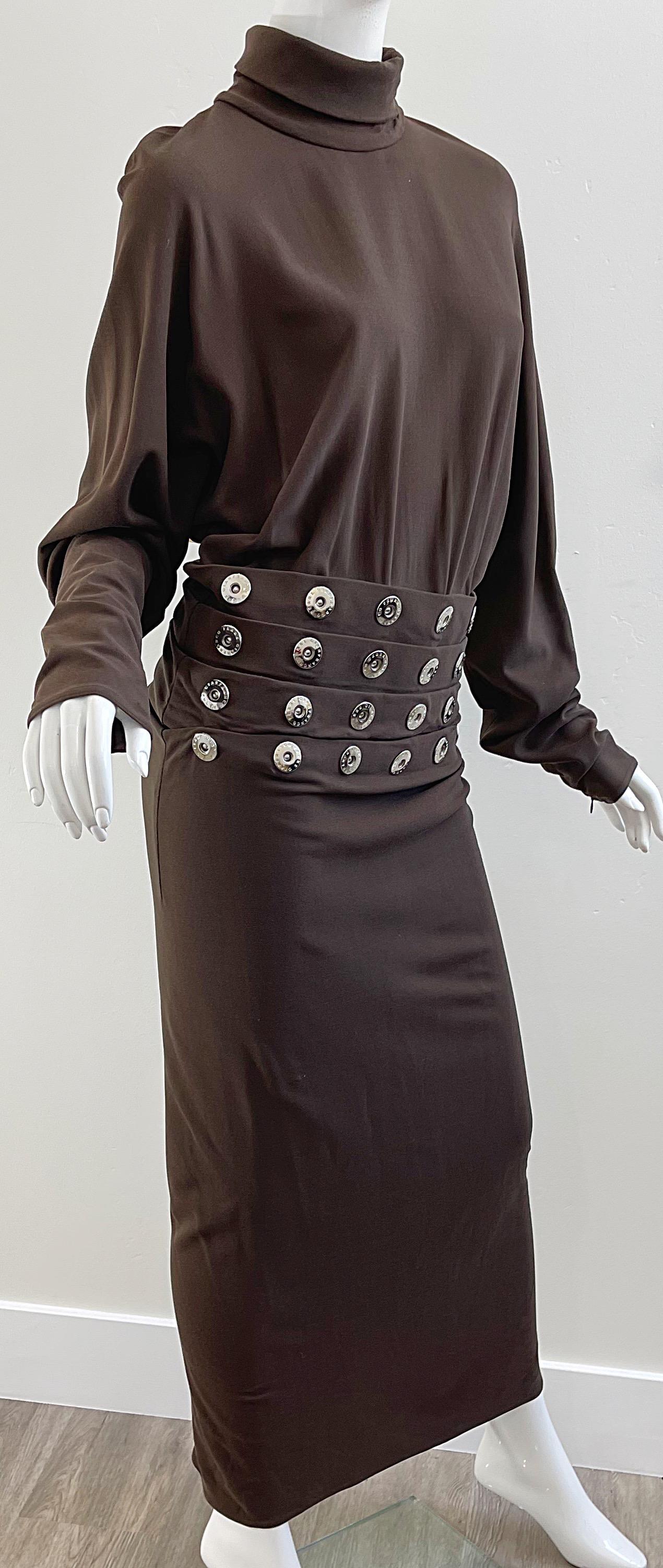 1990s Gianfranco Ferre Size 44 / 8 Brown Drop Waist Grommet Turtleneck 90s Gown For Sale 1