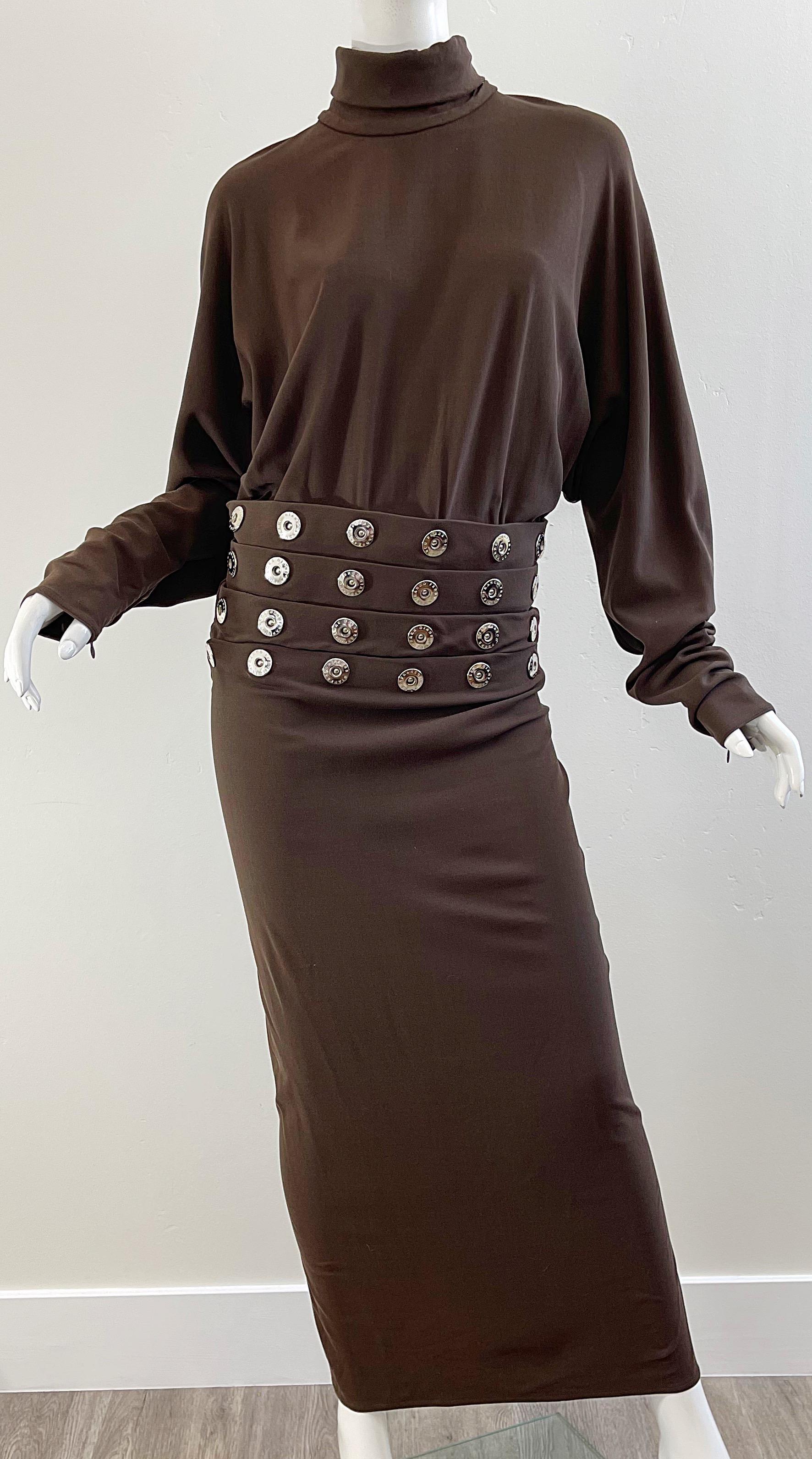 1990s Gianfranco Ferre Size 44 / 8 Brown Drop Waist Grommet Turtleneck 90s Gown For Sale 2