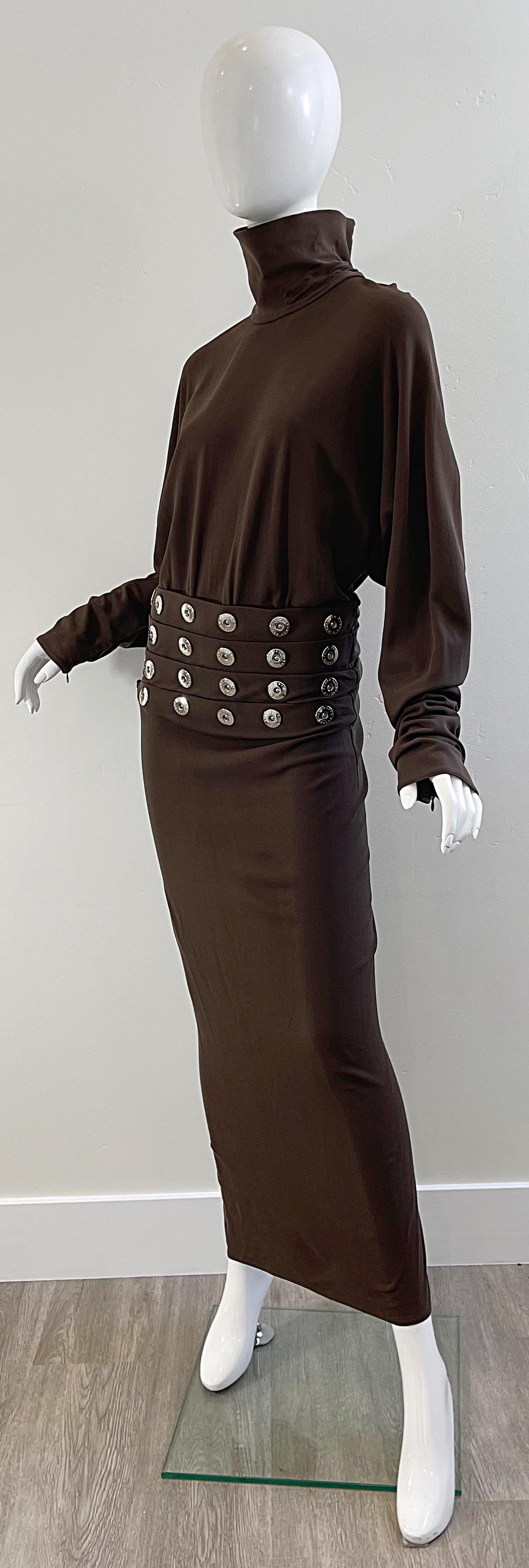 1990s Gianfranco Ferre Size 44 / 8 Brown Drop Waist Grommet Turtleneck 90s Gown For Sale 3