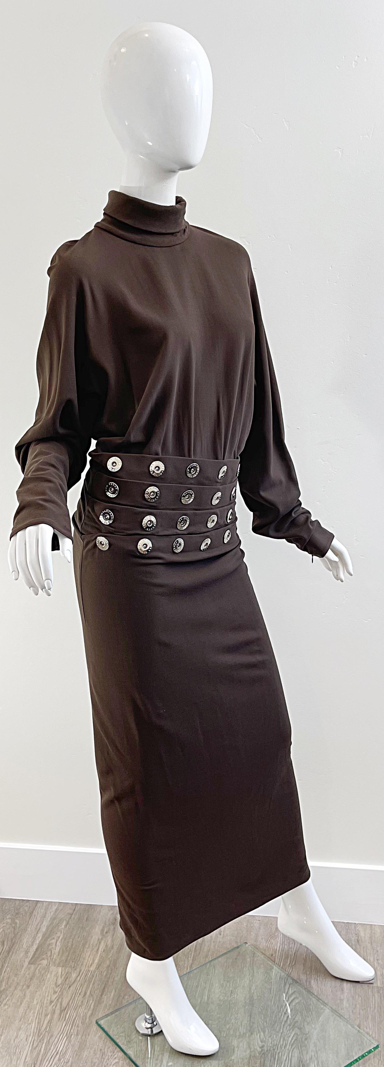 1990s Gianfranco Ferre Size 44 / 8 Brown Drop Waist Grommet Turtleneck 90s Gown For Sale 4