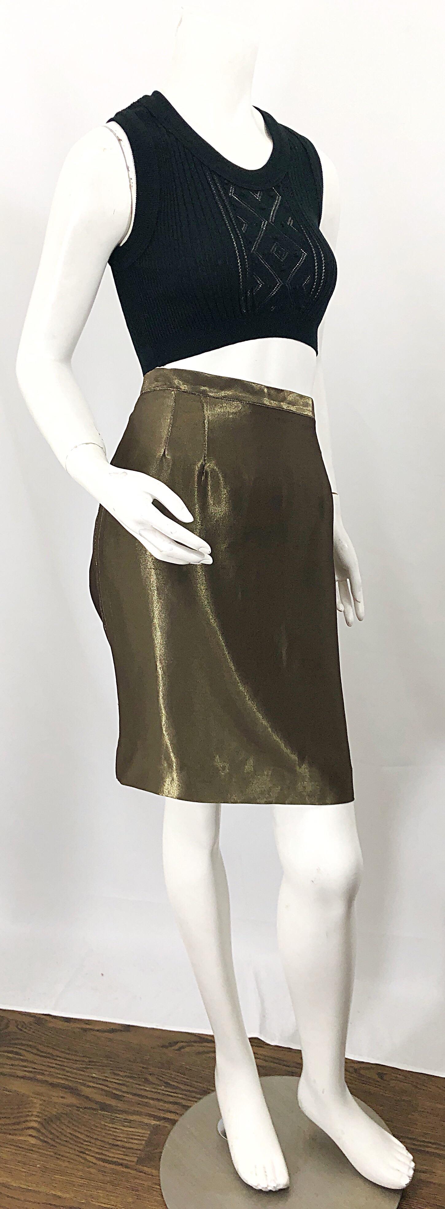 1990s Gianfranco Ferre Size 44 / 8 Metallic Bronze Gold High Waist Pencil Skirt For Sale 2