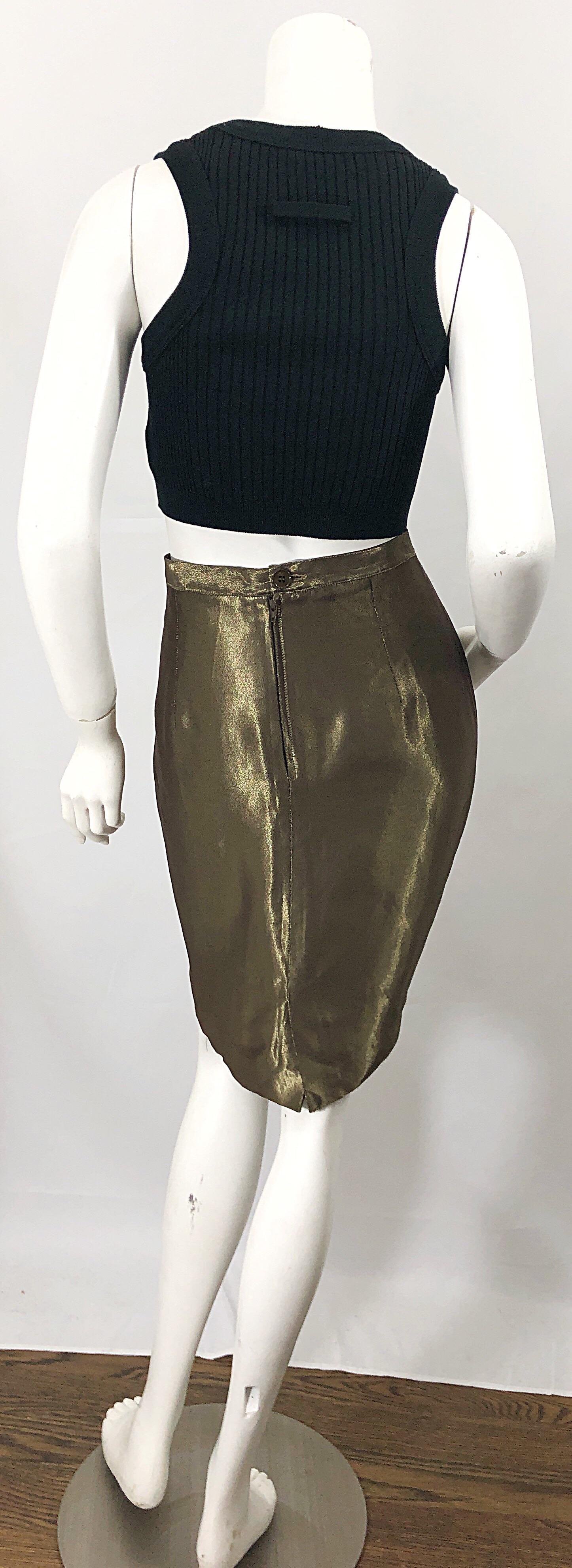 1990s Gianfranco Ferre Size 44 / 8 Metallic Bronze Gold High Waist Pencil Skirt For Sale 3