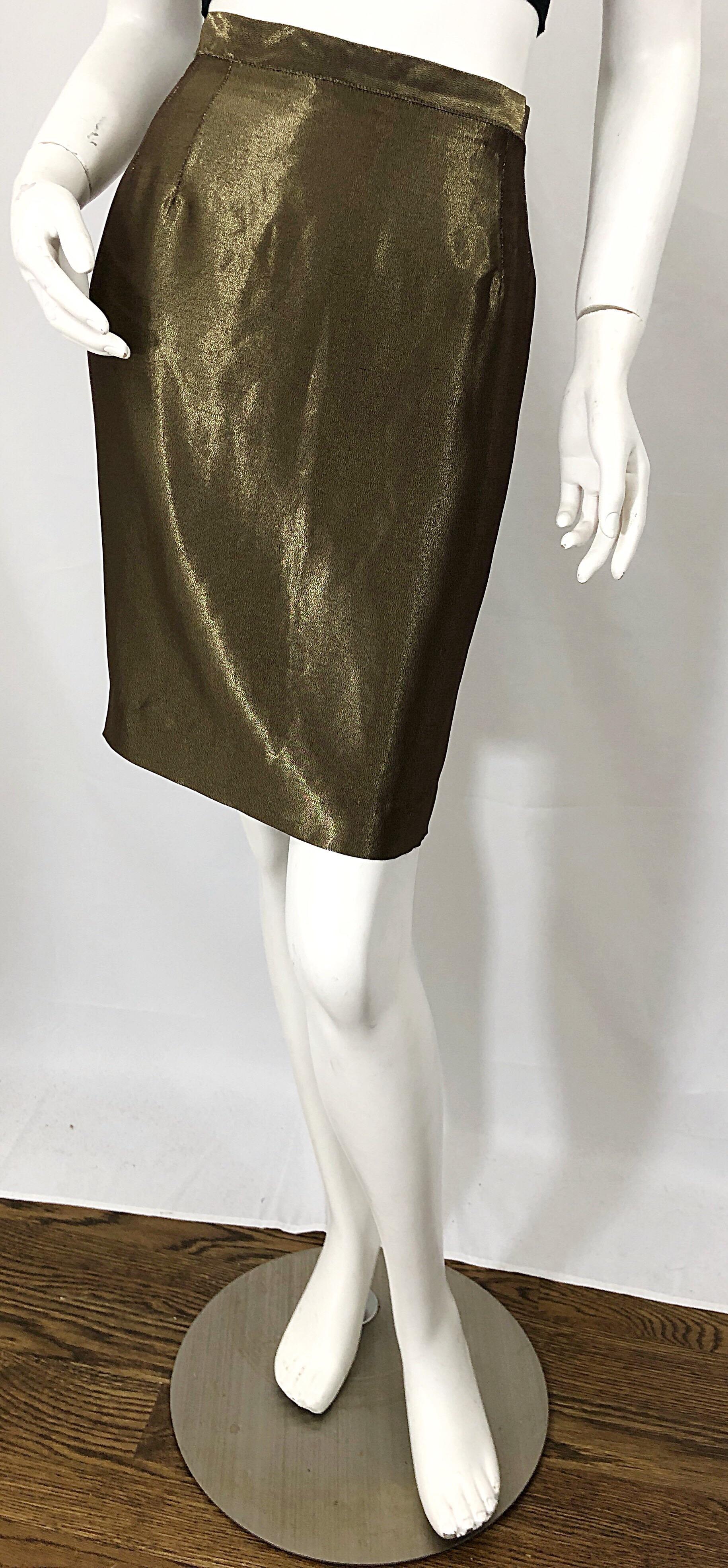 1990s Gianfranco Ferre Size 44 / 8 Metallic Bronze Gold High Waist Pencil Skirt For Sale 4