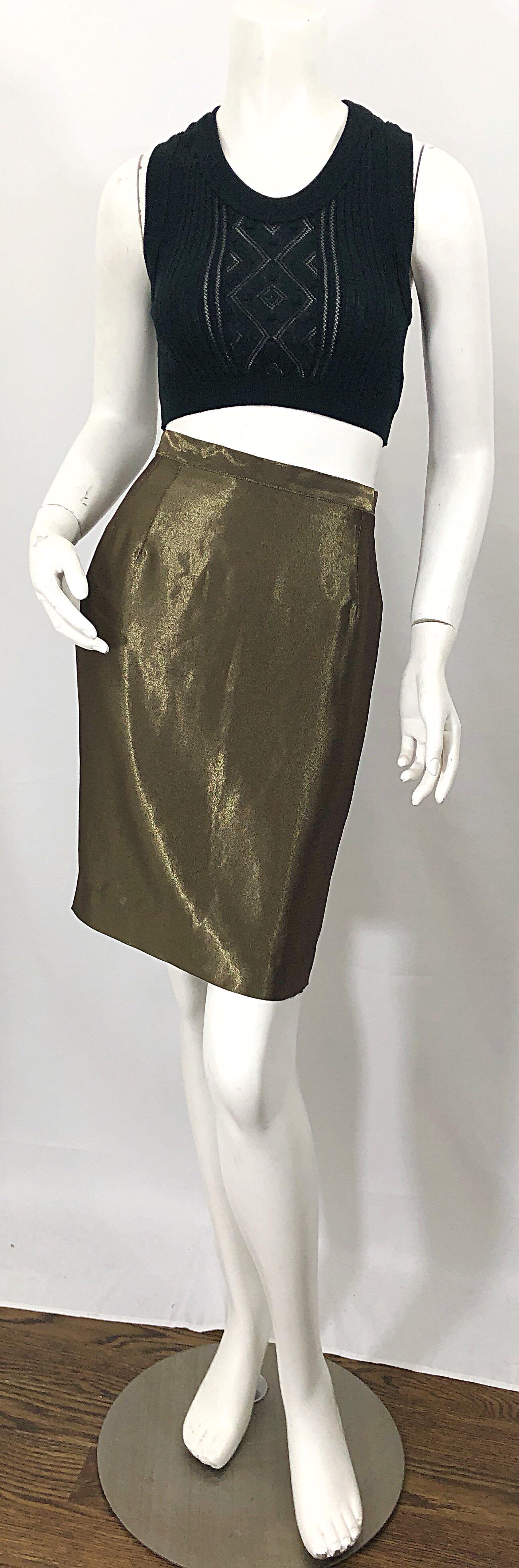 1990s Gianfranco Ferre Size 44 / 8 Metallic Bronze Gold High Waist Pencil Skirt For Sale 5