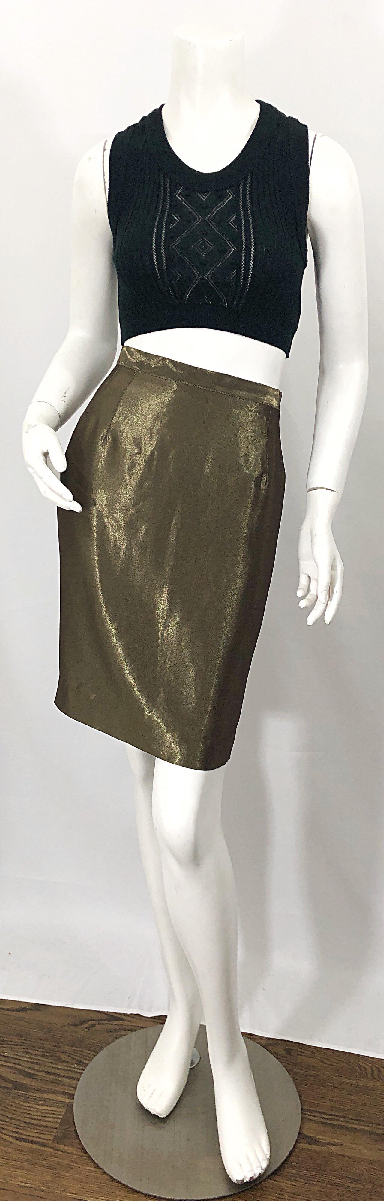 Chic 1990s GIANFRANCO FERRE metllaic bronze / golden high waisted pencil skirt! The perfect pairing for a basic black or white blouse. Skirt is even prettier in person, and looks like liquid silk. Hidden zipper up the back with button closure. Fully