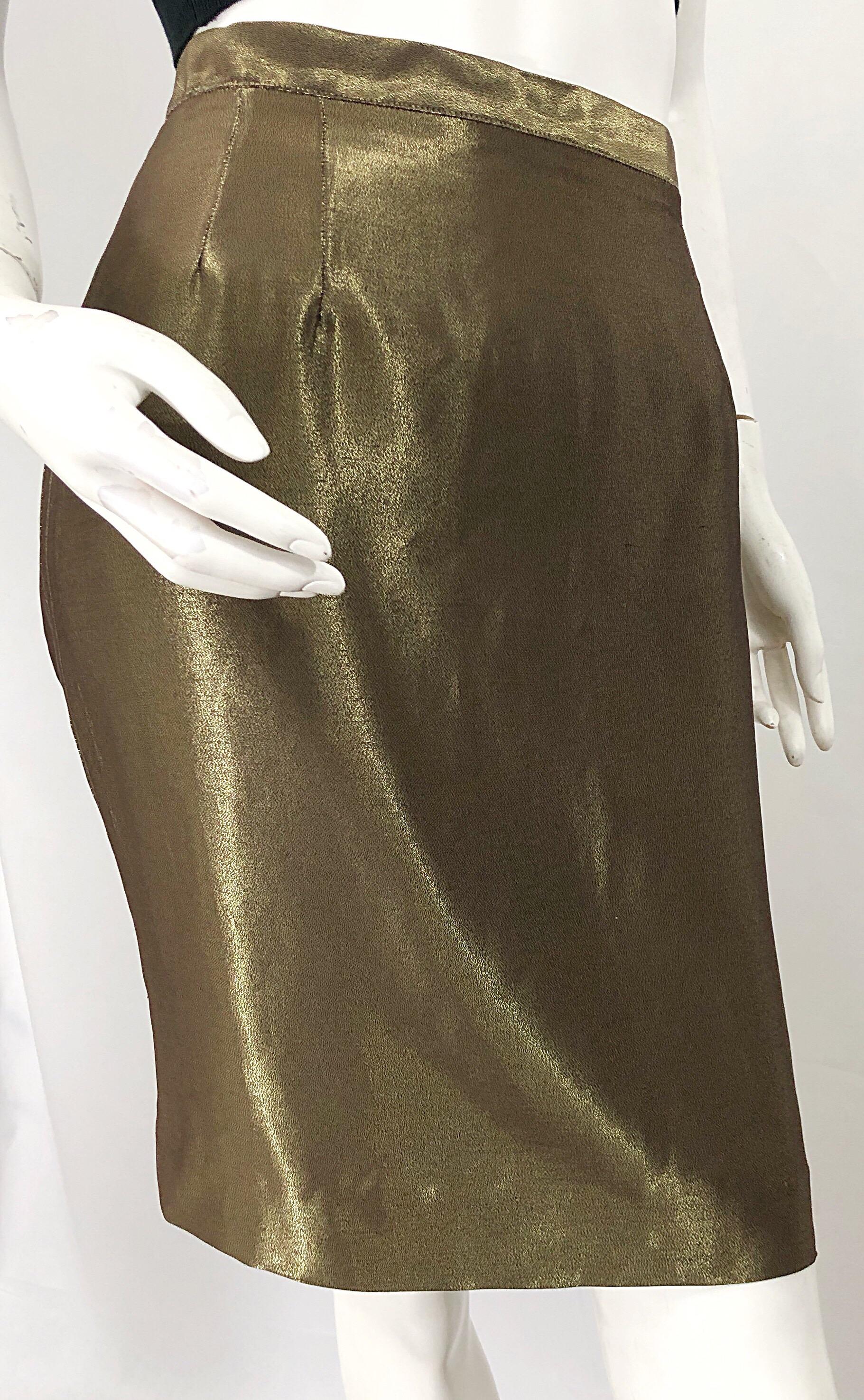 Black 1990s Gianfranco Ferre Size 44 / 8 Metallic Bronze Gold High Waist Pencil Skirt For Sale