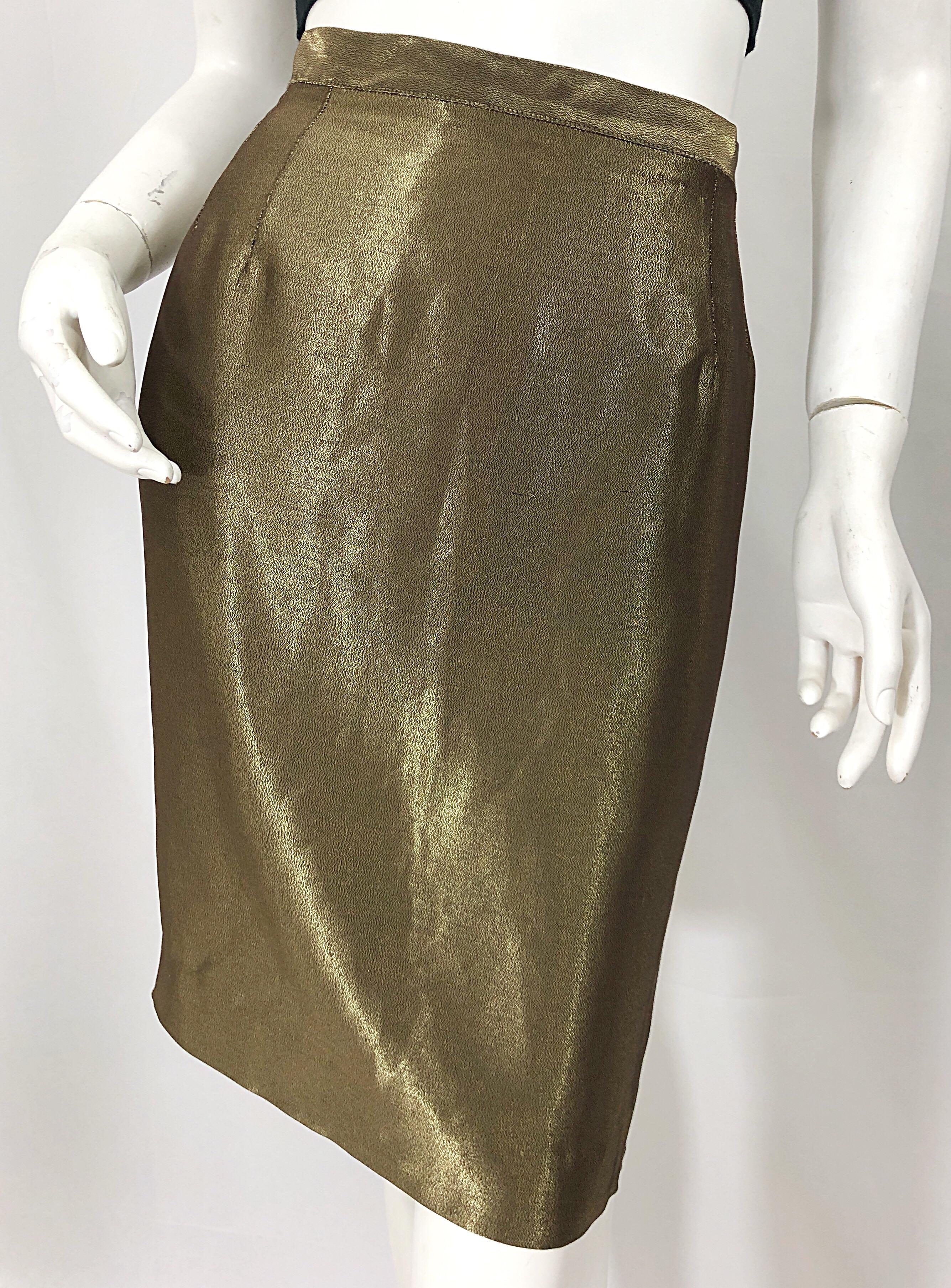 1990s Gianfranco Ferre Size 44 / 8 Metallic Bronze Gold High Waist Pencil Skirt In Excellent Condition For Sale In San Diego, CA