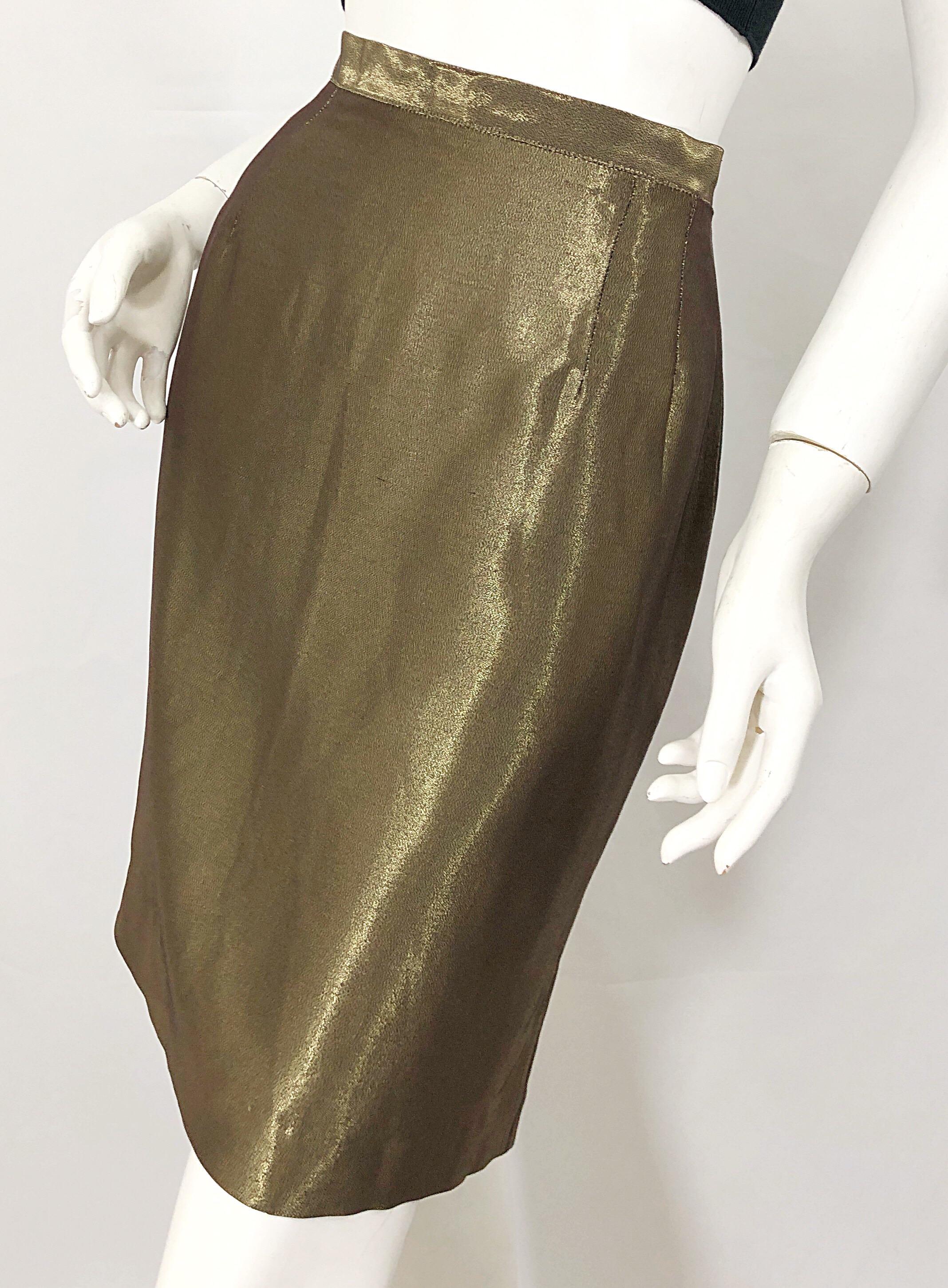 Women's 1990s Gianfranco Ferre Size 44 / 8 Metallic Bronze Gold High Waist Pencil Skirt For Sale