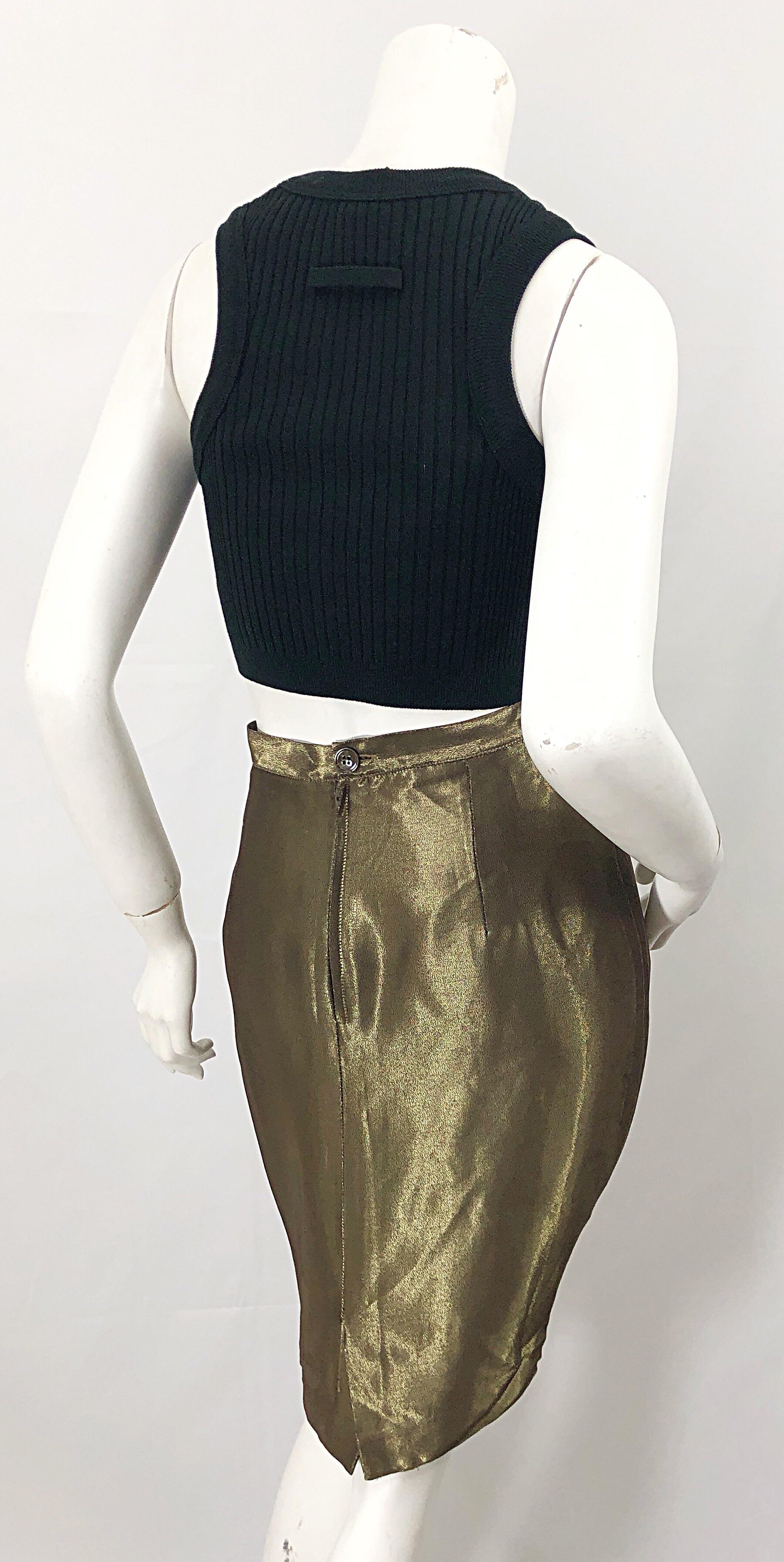 1990s Gianfranco Ferre Size 44 / 8 Metallic Bronze Gold High Waist Pencil Skirt For Sale 1