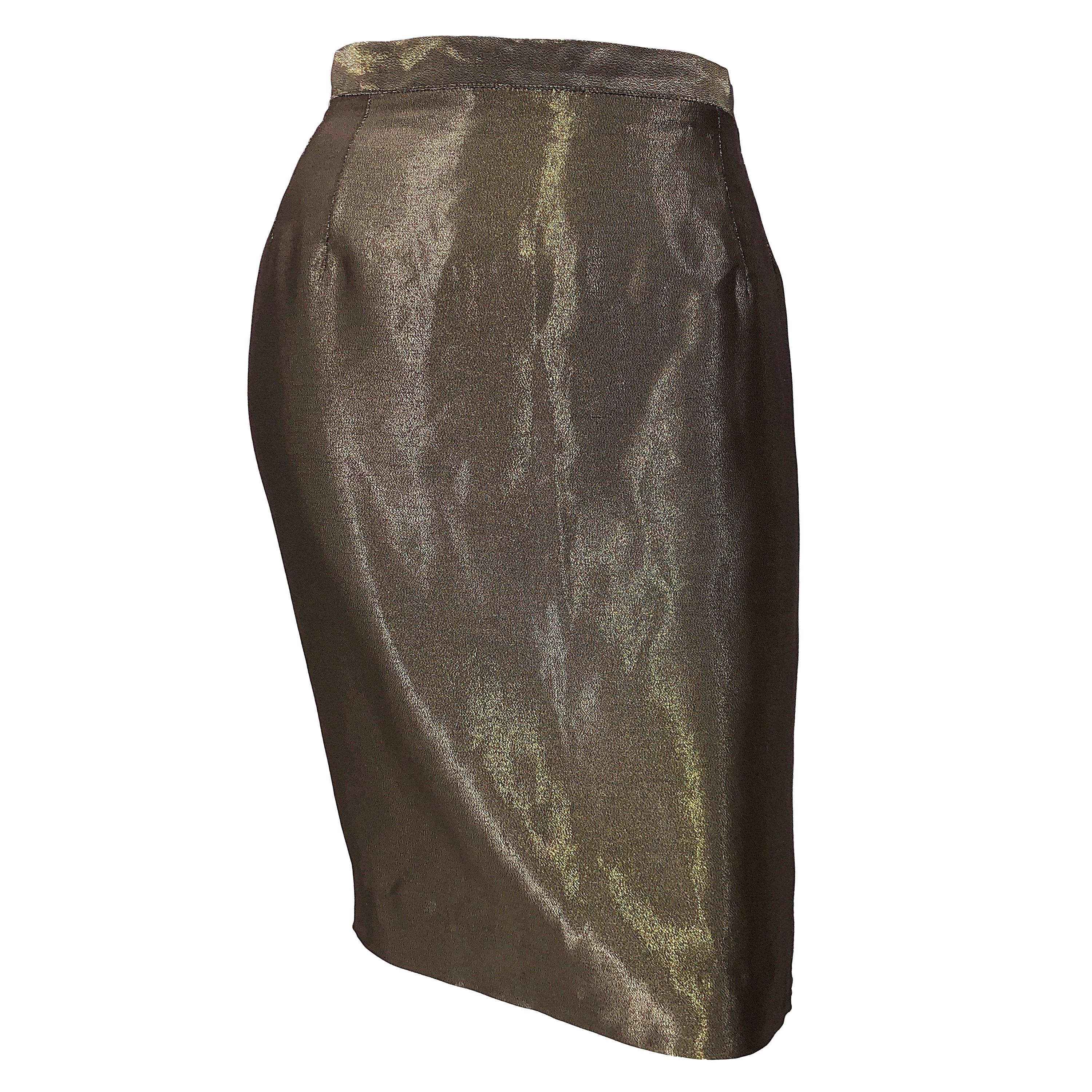 1990s Gianfranco Ferre Size 44 / 8 Metallic Bronze Gold High Waist Pencil Skirt For Sale