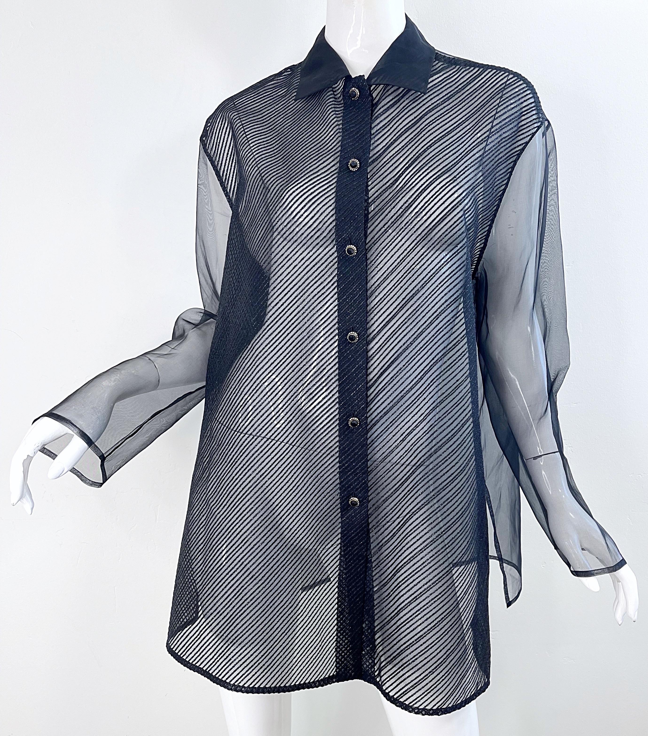 1990s Gianfranco Ferre Size 46 XL Black Sheer Silk Chiffon Blouse Vintage Shirt For Sale 6