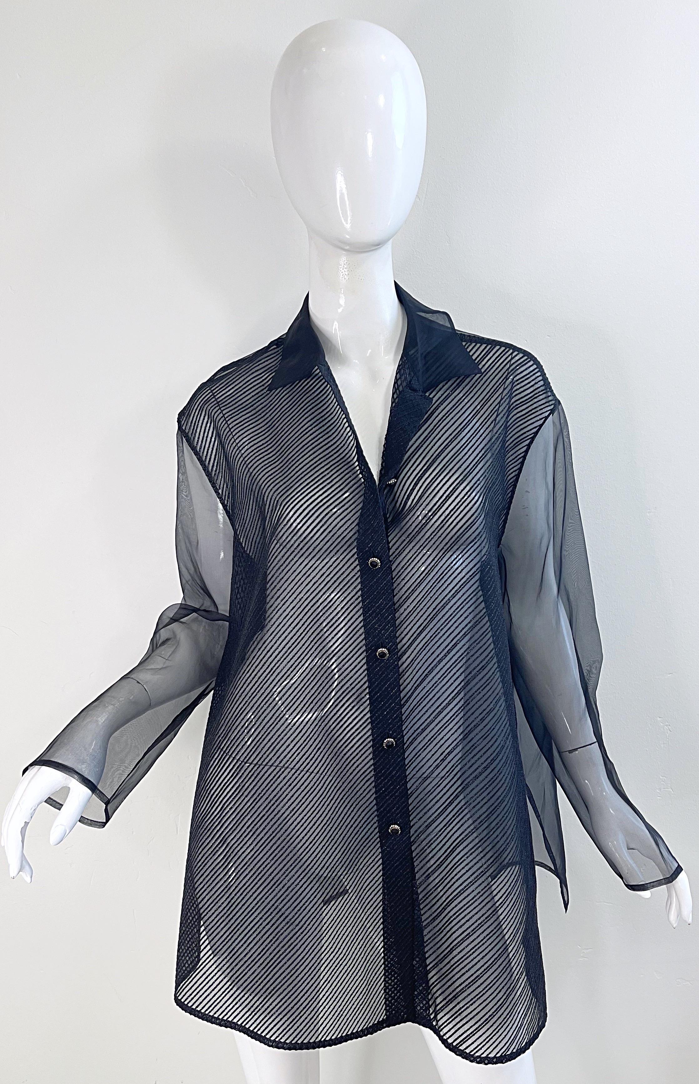 1990s Gianfranco Ferre Size 46 XL Black Sheer Silk Chiffon Blouse Vintage Shirt For Sale 8
