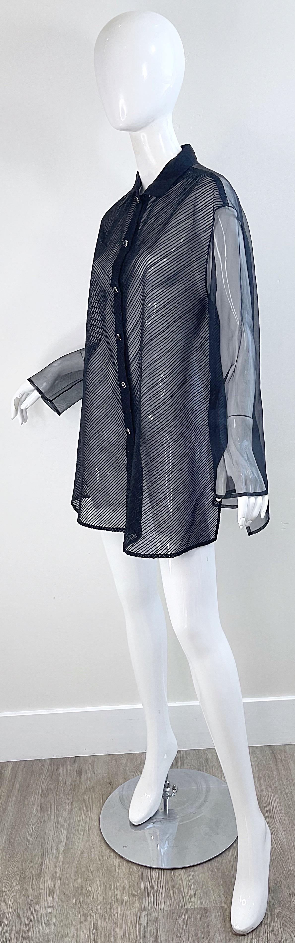 1990s Gianfranco Ferre Size 46 XL Black Sheer Silk Chiffon Blouse Vintage Shirt For Sale 9