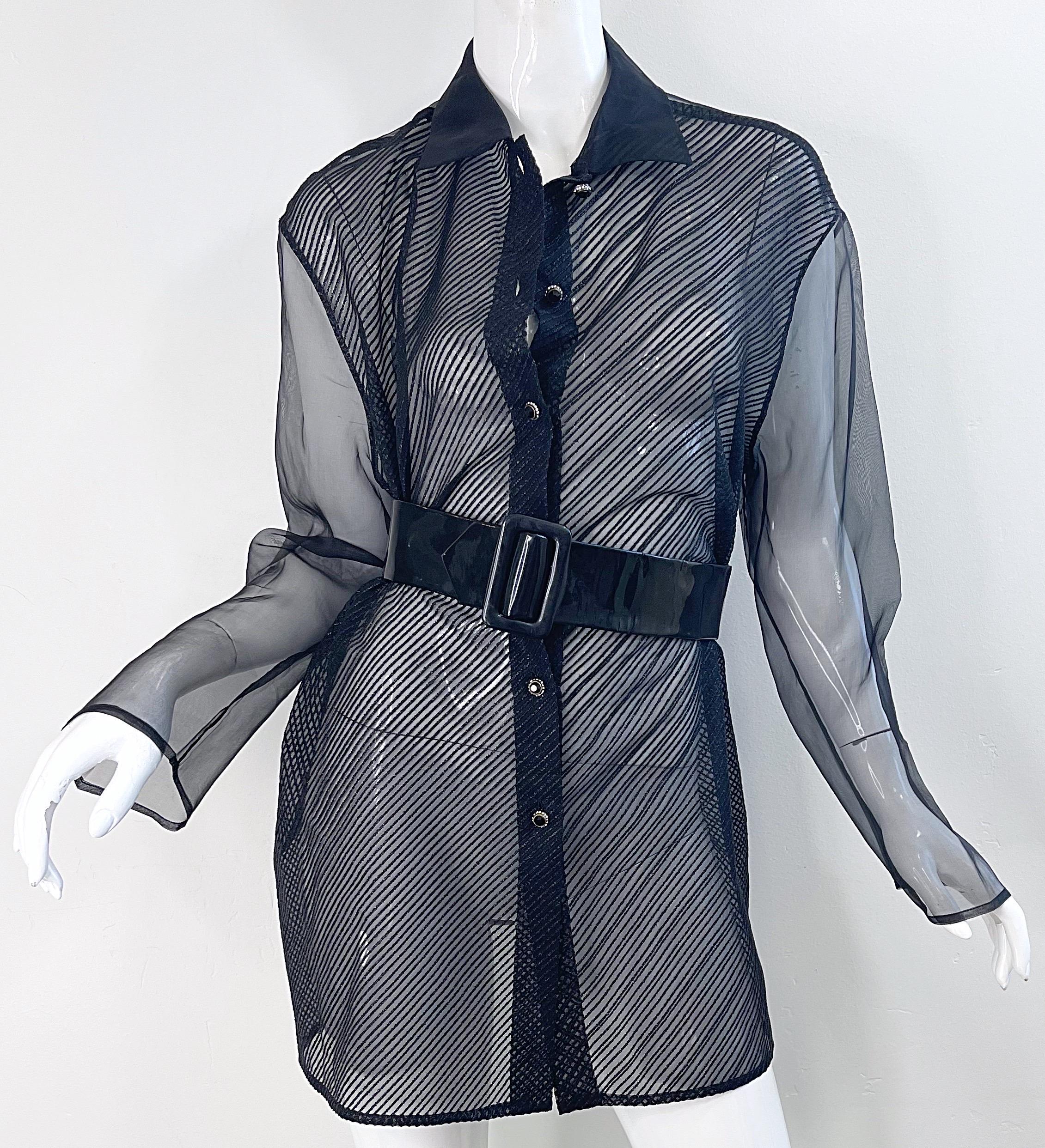 1990s Gianfranco Ferre Size 46 XL Black Sheer Silk Chiffon Blouse Vintage Shirt For Sale 10