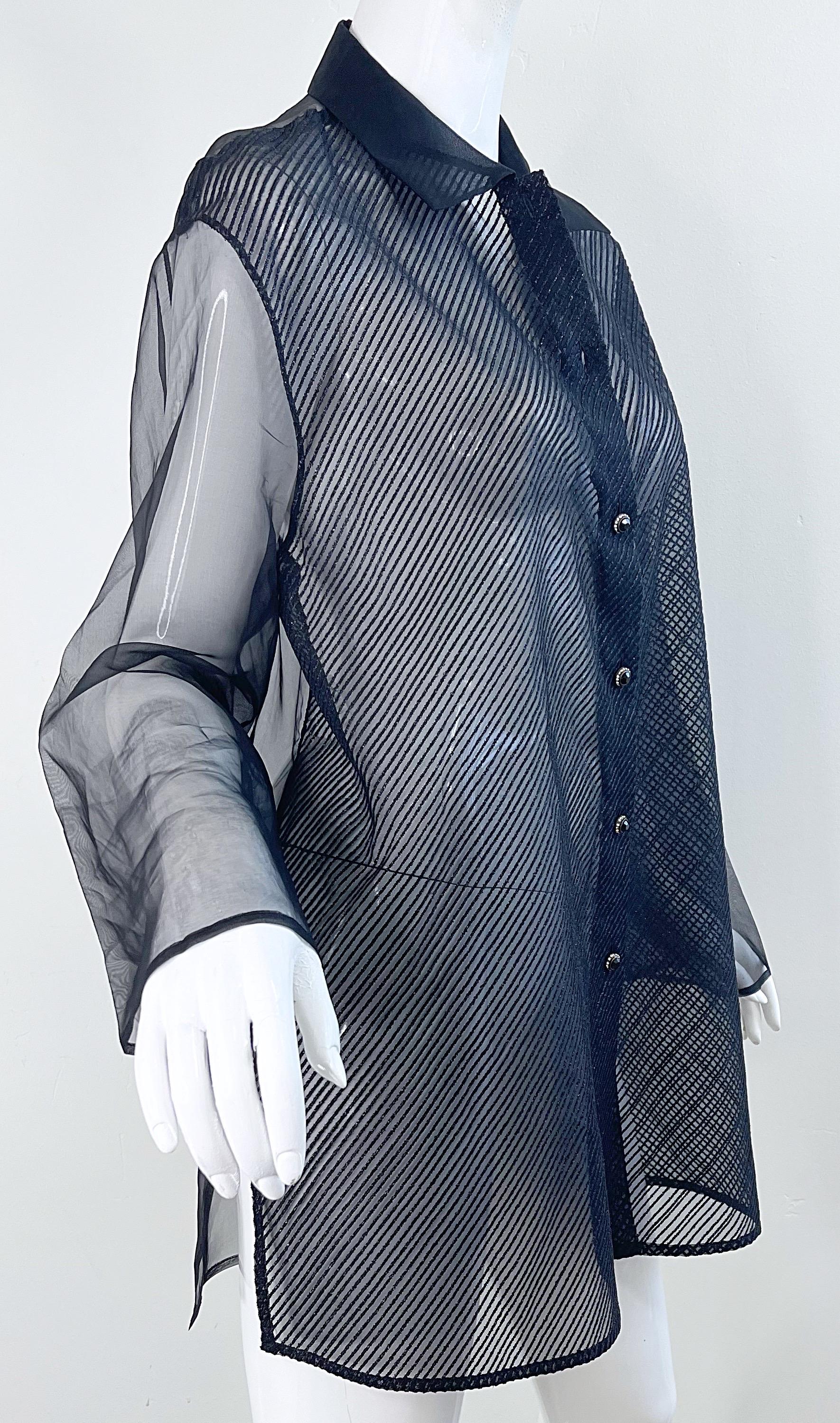1990s Gianfranco Ferre Size 46 XL Black Sheer Silk Chiffon Blouse Vintage Shirt For Sale 13