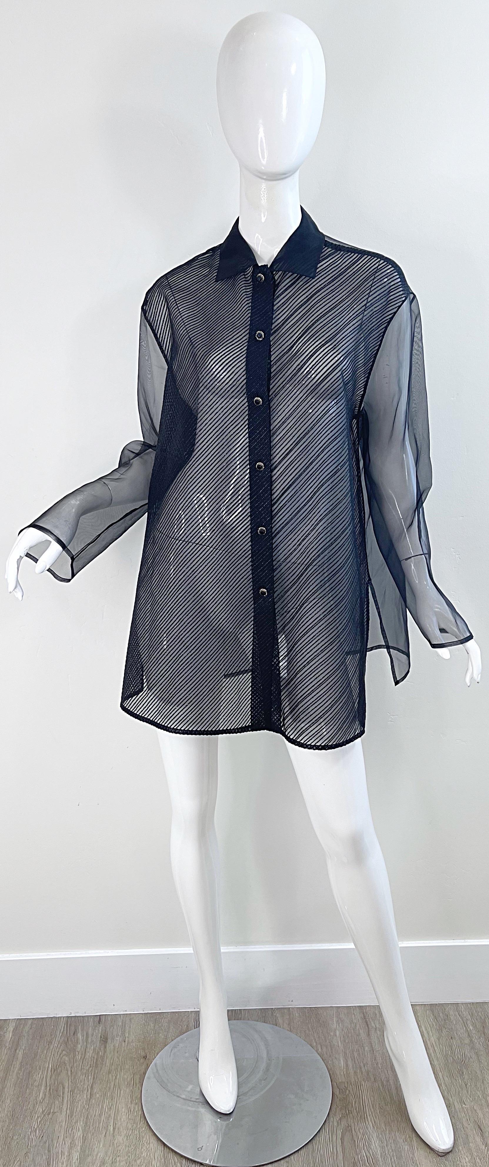 1990s Gianfranco Ferre Size 46 XL Black Sheer Silk Chiffon Blouse Vintage Shirt For Sale 14