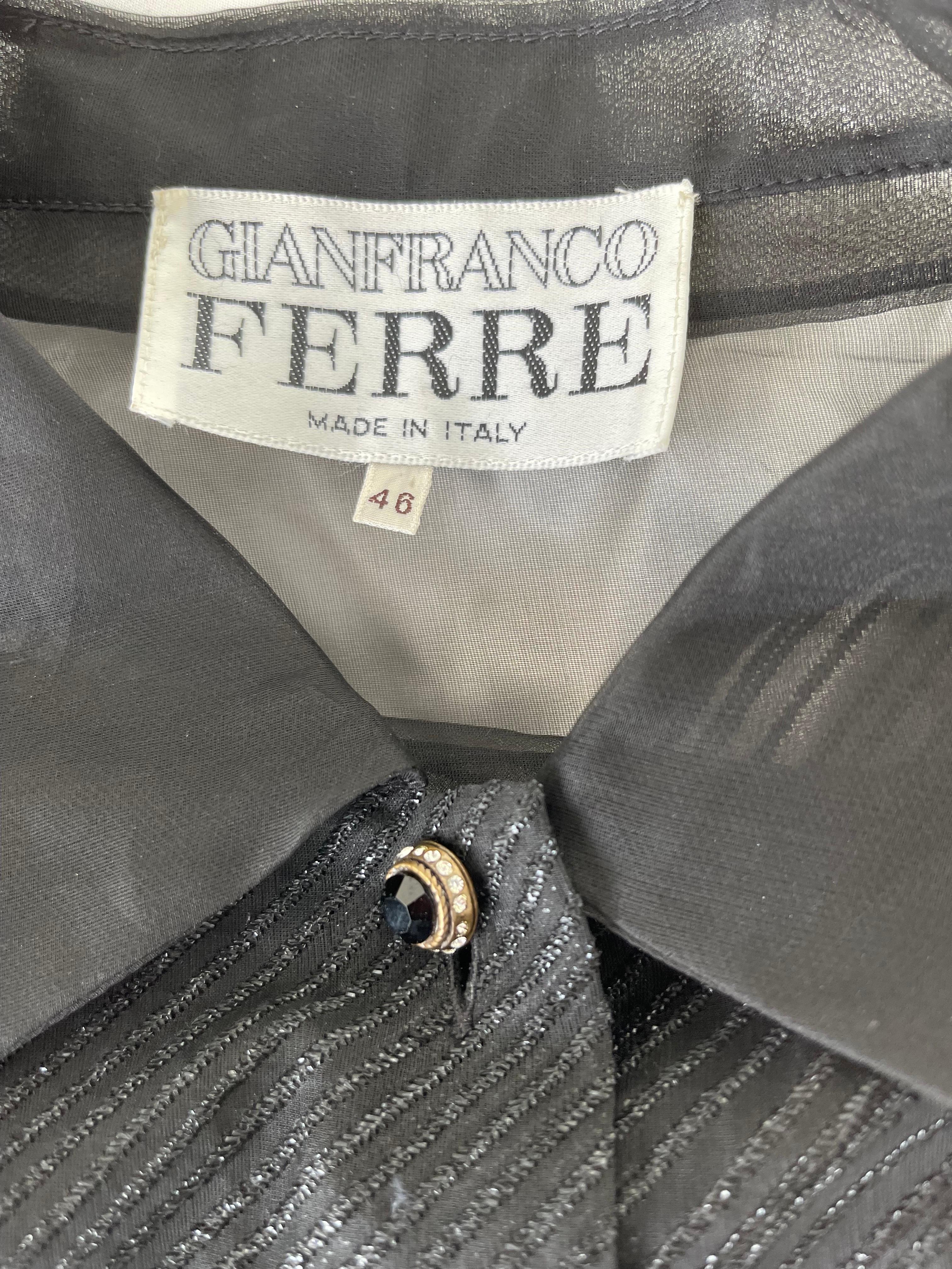 Beautiful 90s vintage GIANFRANCO FERRE black silk chiffon sheer blouse ! Rhinestone encrusted buttons down the front. Great belted or alone.
In great unworn condition 
Made in Italy
Marked Size 46 / Extra Large
Measurements:
46 inch bust
48 inch
