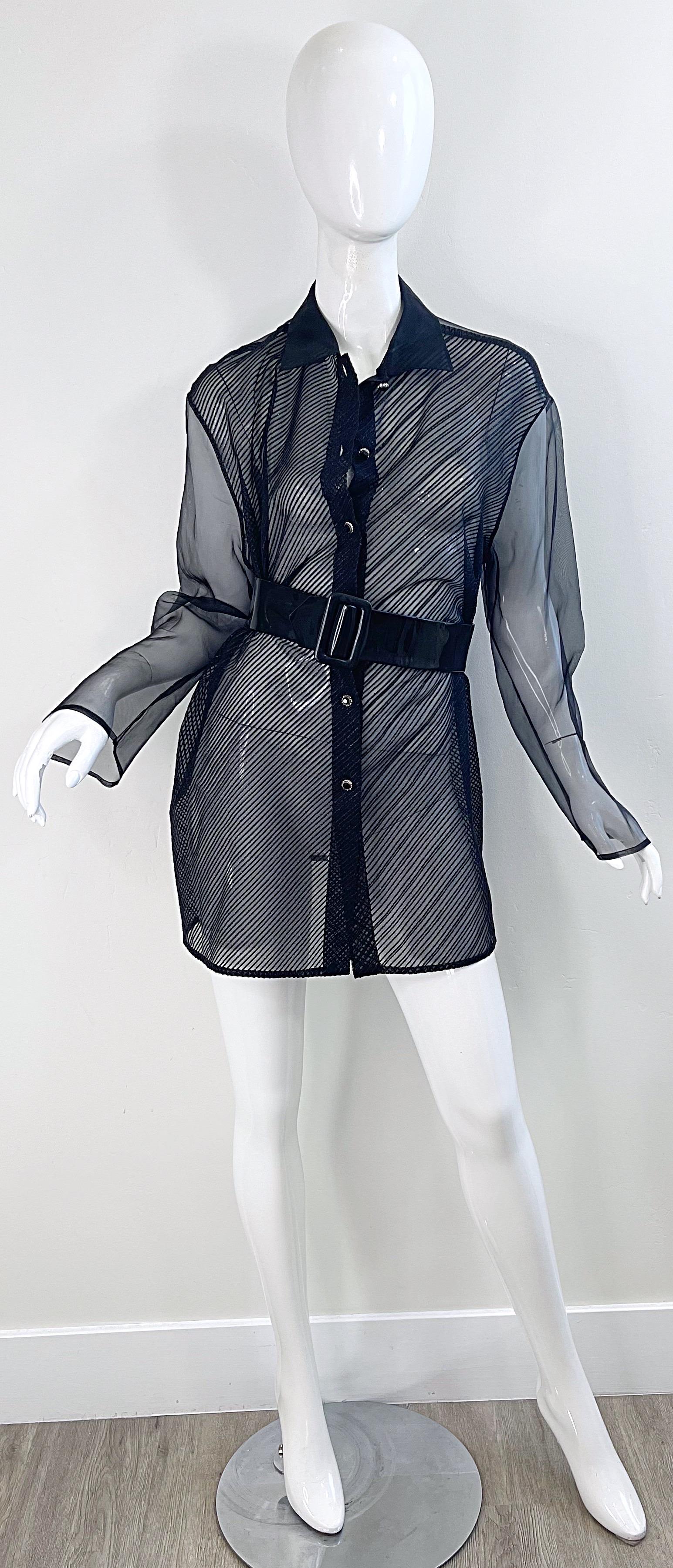 1990s Gianfranco Ferre Size 46 XL Black Sheer Silk Chiffon Blouse Vintage Shirt For Sale 3