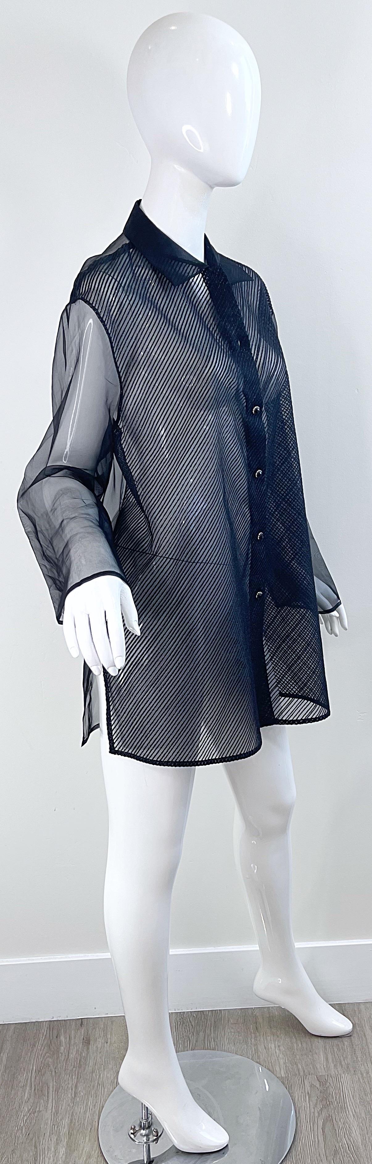 1990s Gianfranco Ferre Size 46 XL Black Sheer Silk Chiffon Blouse Vintage Shirt For Sale 4