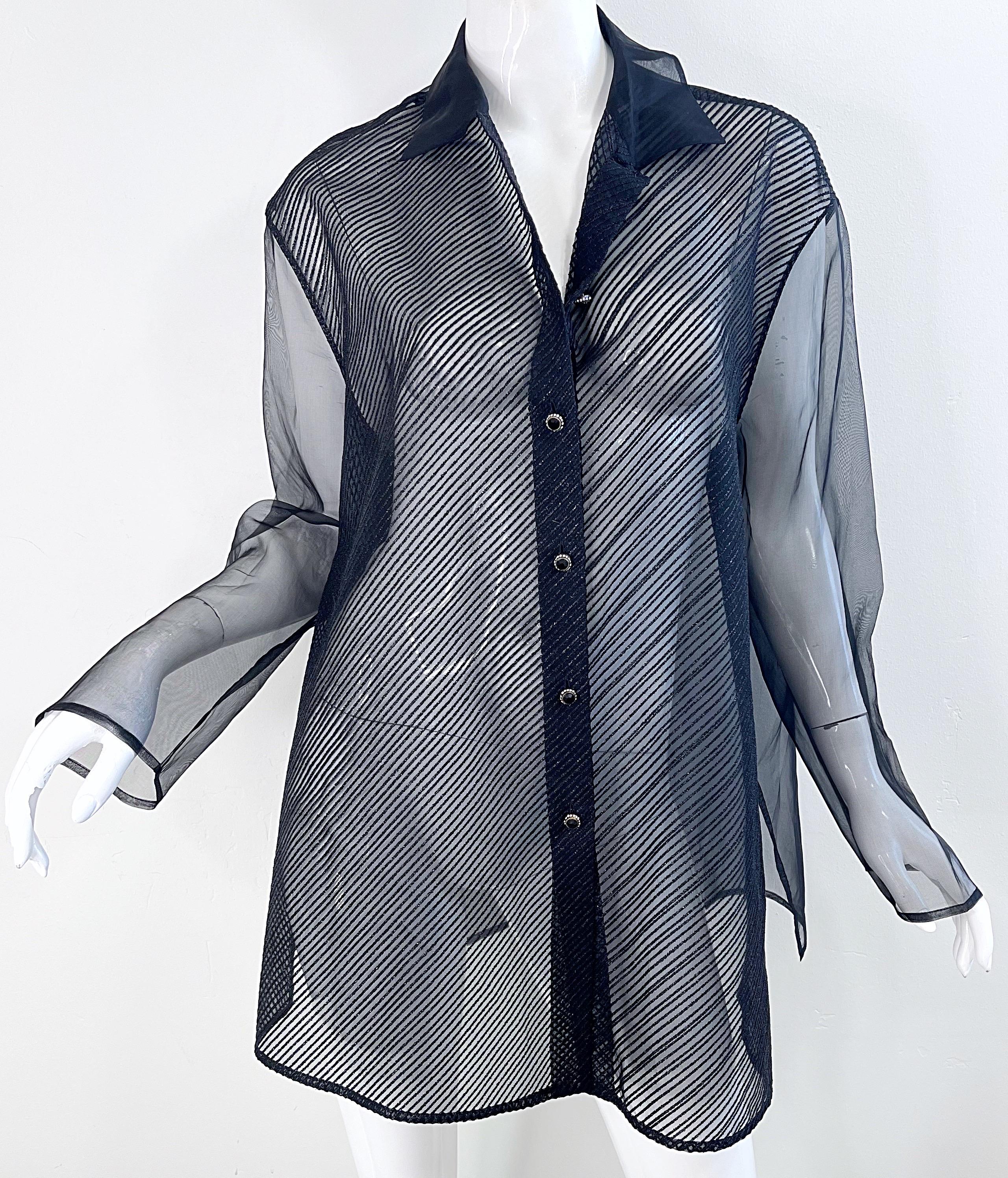 1990s Gianfranco Ferre Size 46 XL Black Sheer Silk Chiffon Blouse Vintage Shirt For Sale 5