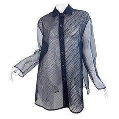 1990s Gianfranco Ferre Size 46 XL Black Sheer Silk Chiffon Blouse Vintage Shirt