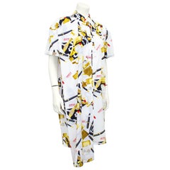 1990s Gianfranco Ferre White, Black and Gold Asymmetric Silk Printed Dress