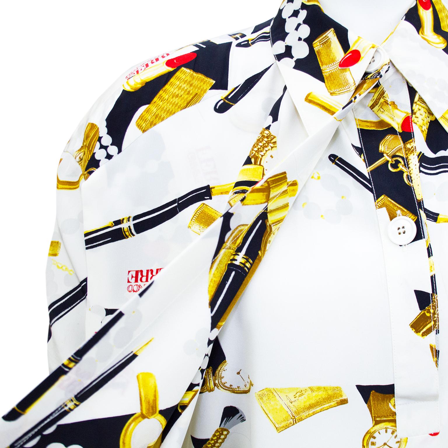 Women's 1990s Gianfranco Ferre White, Black and Gold Asymmetric Silk Printed Dress For Sale