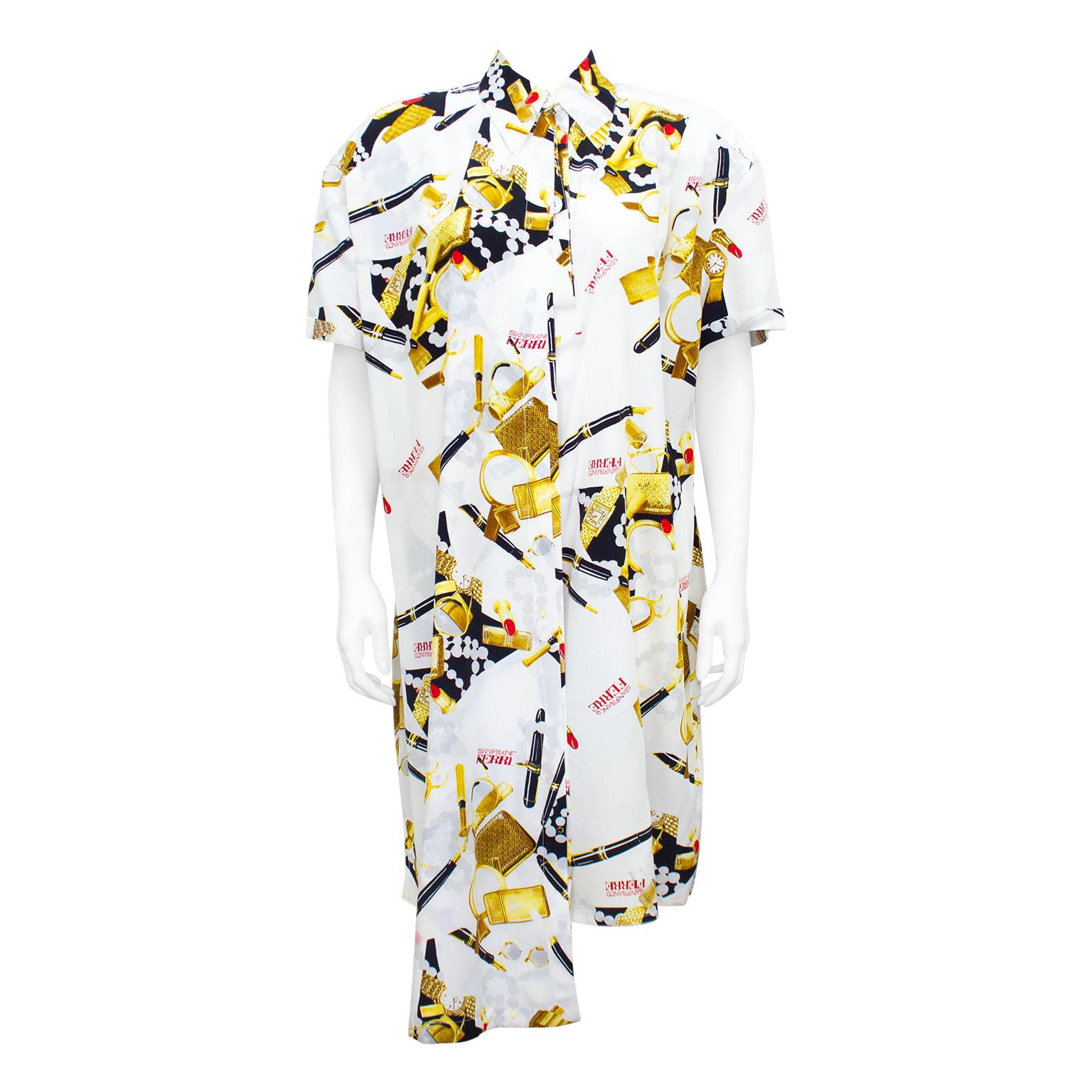 1990s Gianfranco Ferre White, Black and Gold Asymmetric Silk Printed Dress  For Sale
