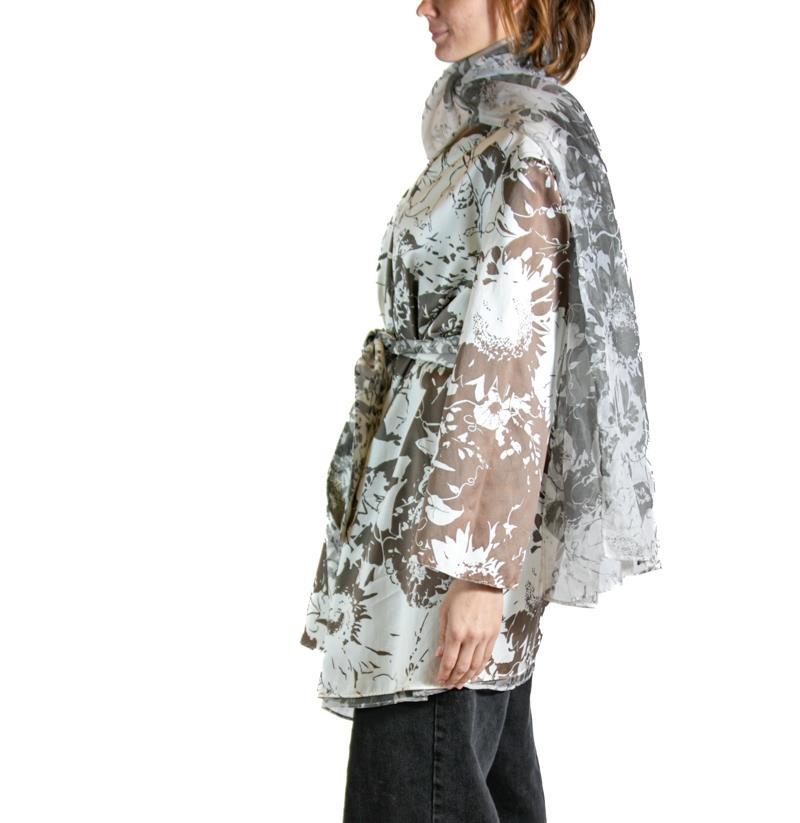 1990S Gianfranco Ferre White & Brown Floral Silk Coat With Belt Scarf

