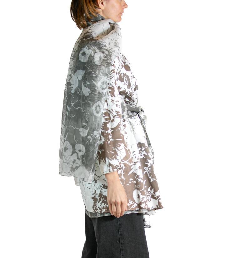 Gray 1990S Gianfranco Ferre White & Brown Floral Silk Coat With Belt Scarf For Sale