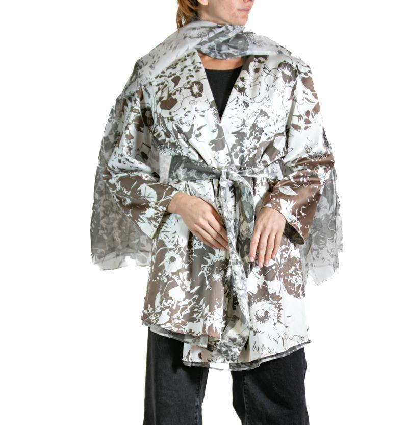 Women's 1990S Gianfranco Ferre White & Brown Floral Silk Coat With Belt Scarf For Sale