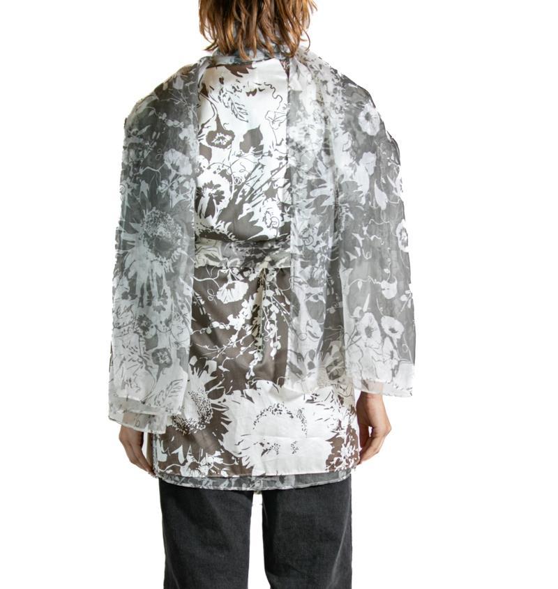 1990S Gianfranco Ferre White & Brown Floral Silk Coat With Belt Scarf For Sale 1