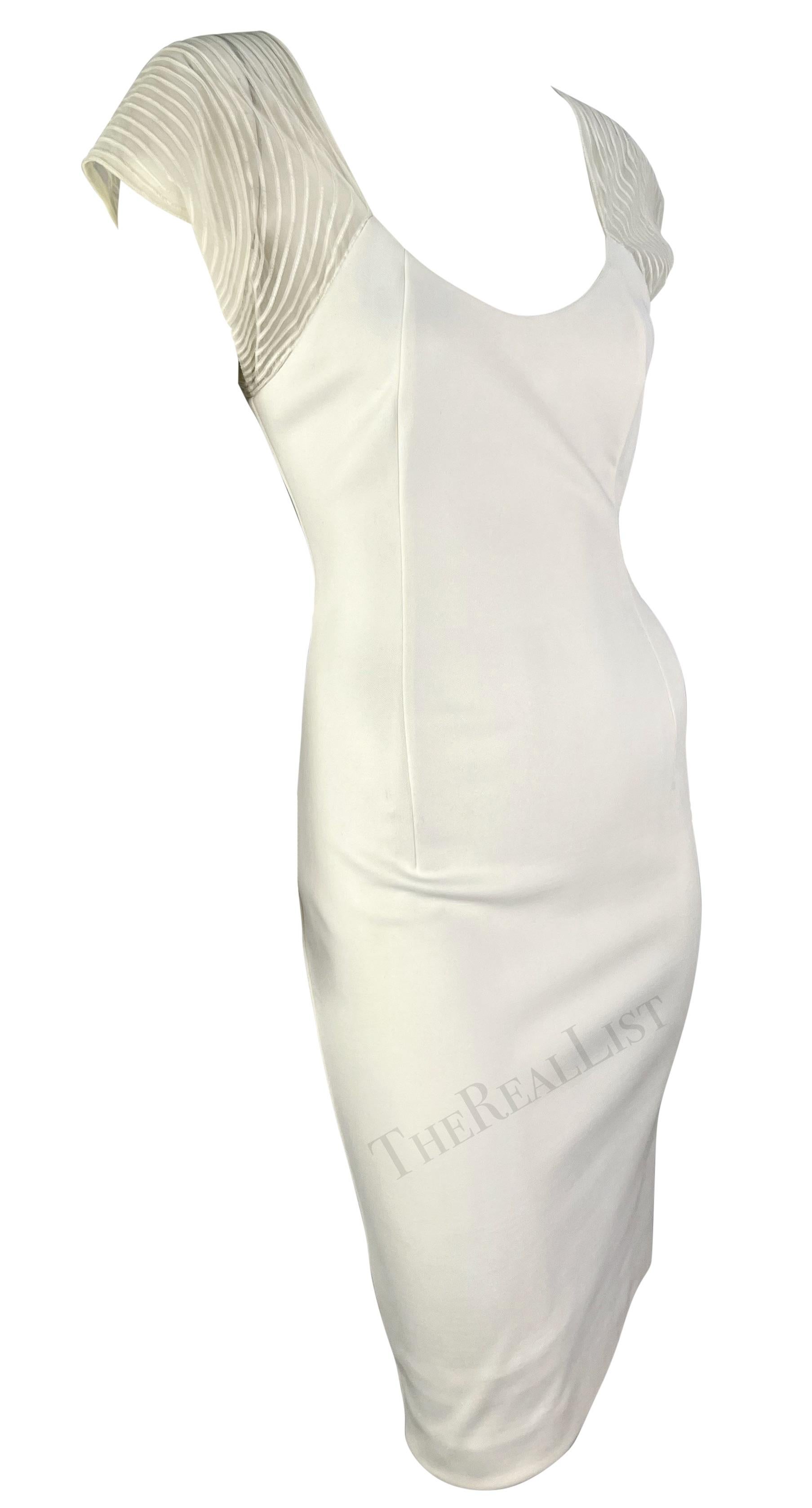 1990 Gianfranco Ferré White Sheer Stripe Bodycon Midi Dress en vente 1
