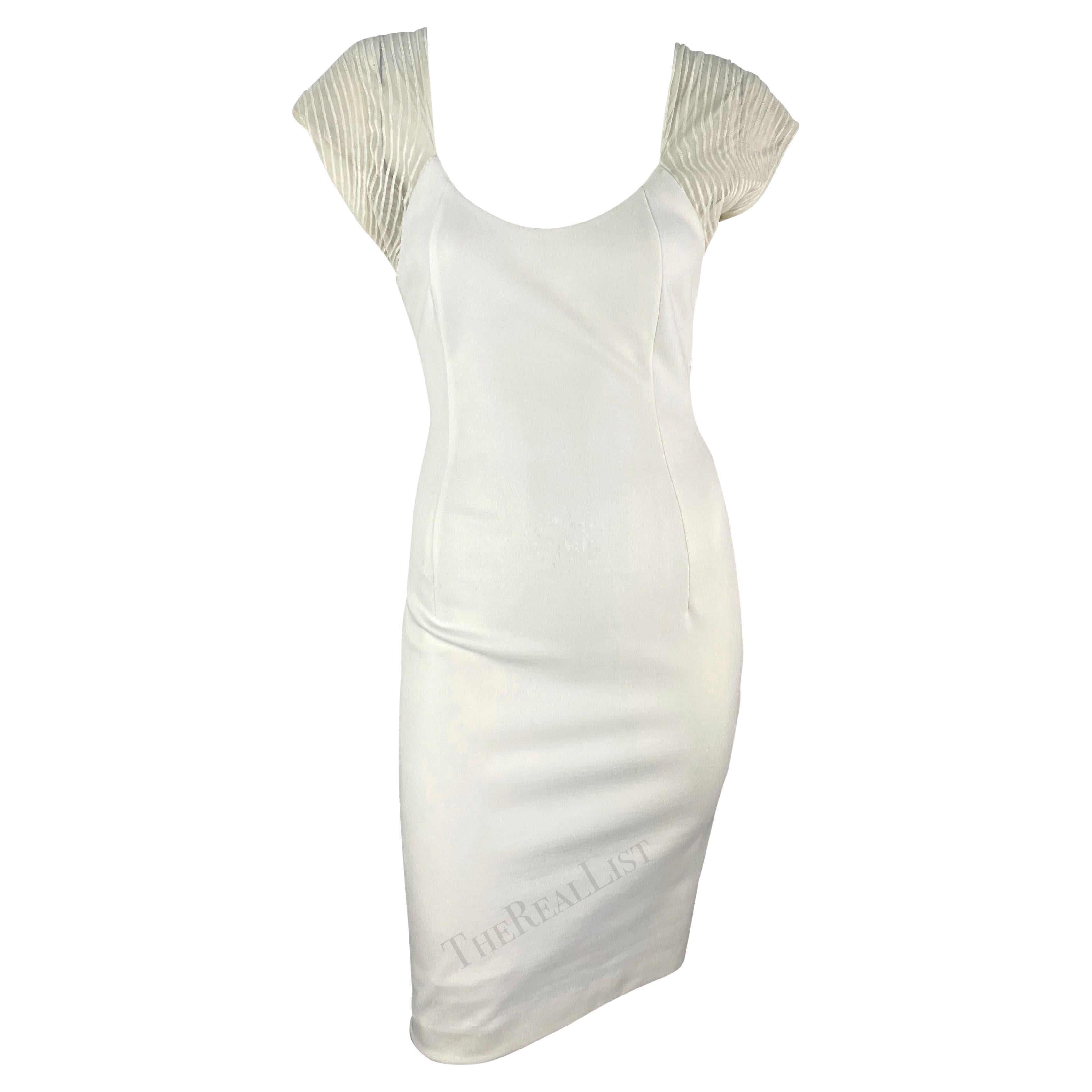 1990 Gianfranco Ferré White Sheer Stripe Bodycon Midi Dress en vente
